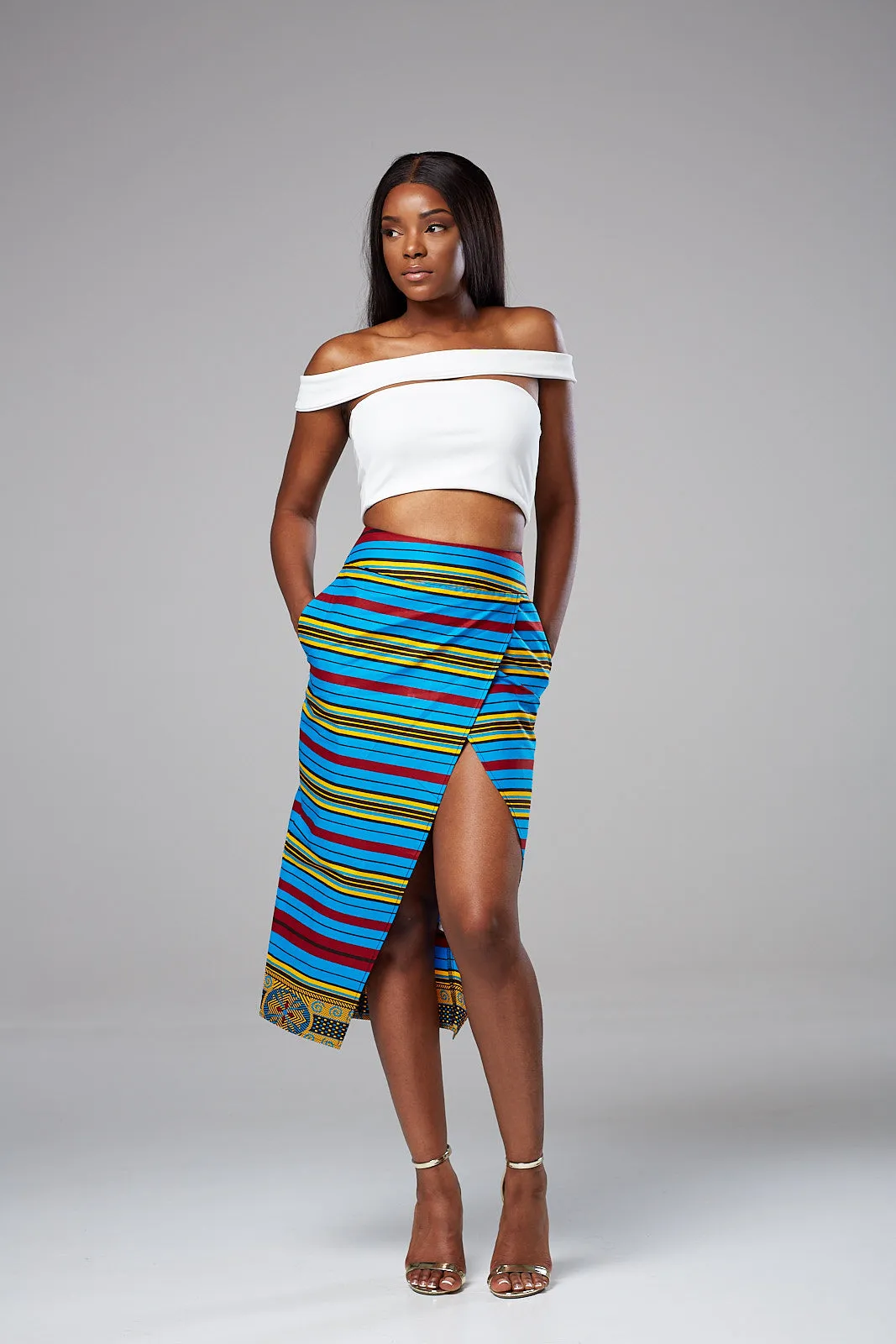 African Wax Print Front Slit High Waist Tulip Midi Skirt - PRIYA