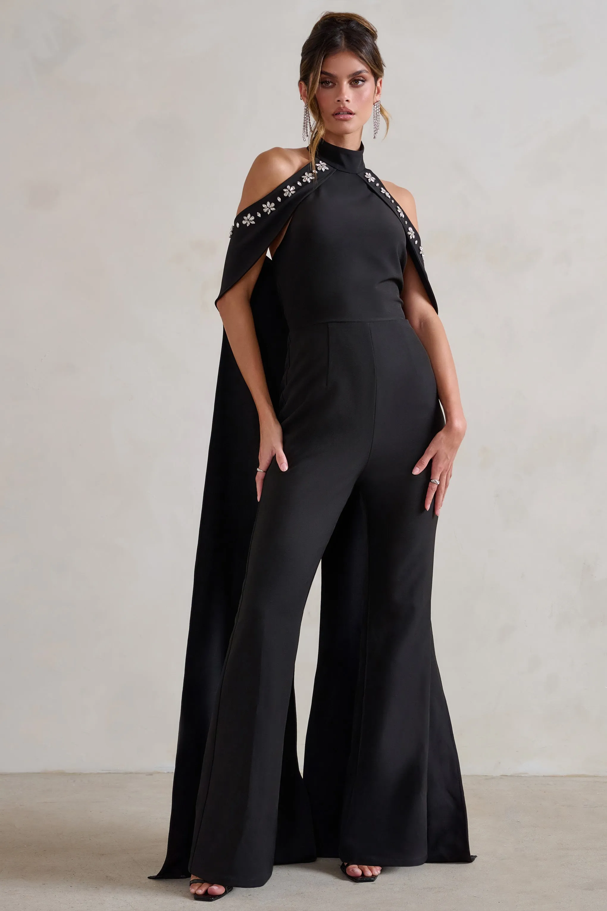 Angel | Black High Neck Jumpsuit with Cold Shoulder Cape Sleeves