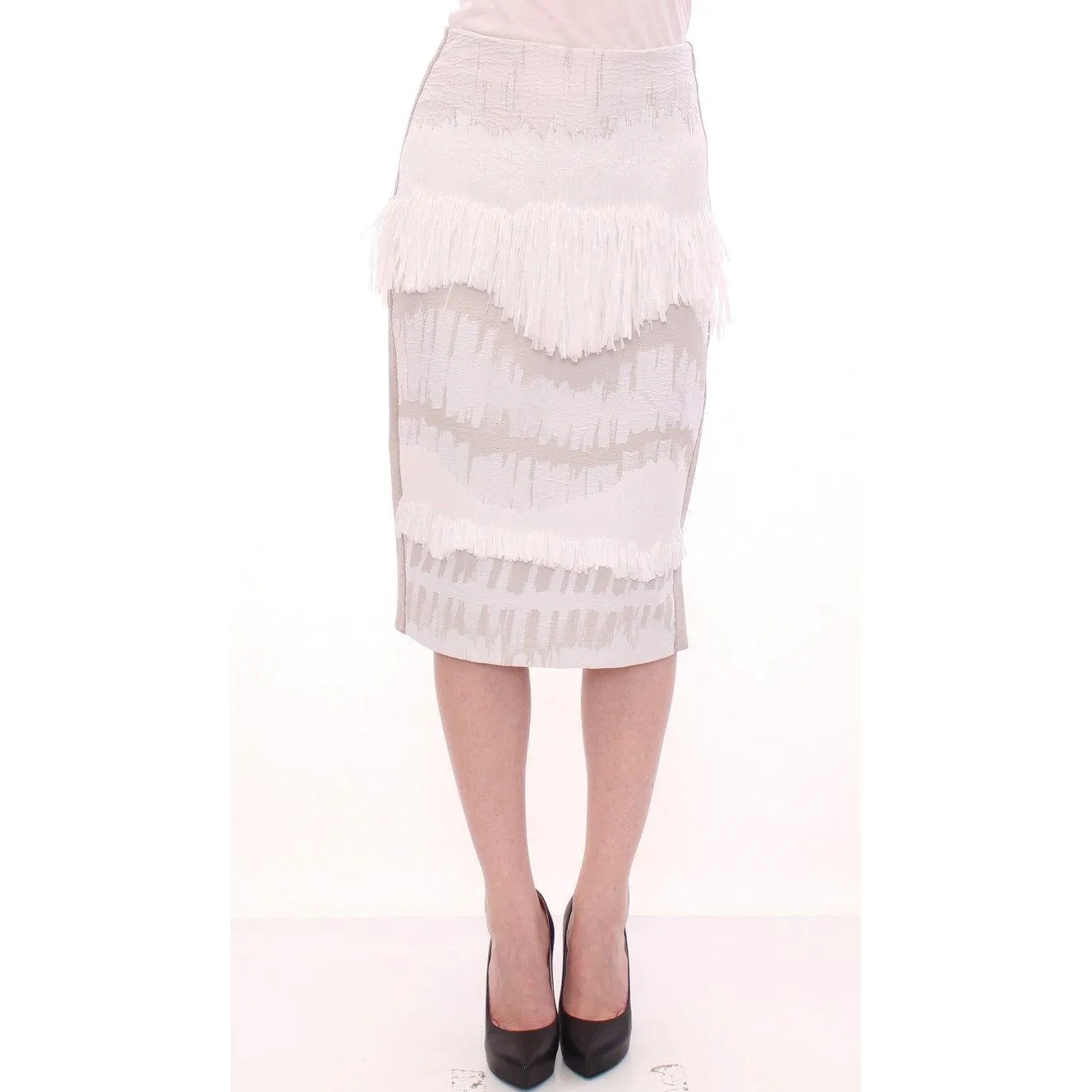 Arzu Kaprol Elegant Pencil Skirt in White and Gray Tones