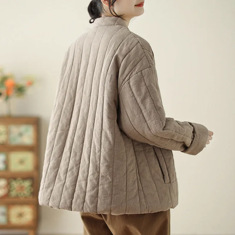 Babakud Women Winter Retro Plain Cotton Linen Quilted Jacket