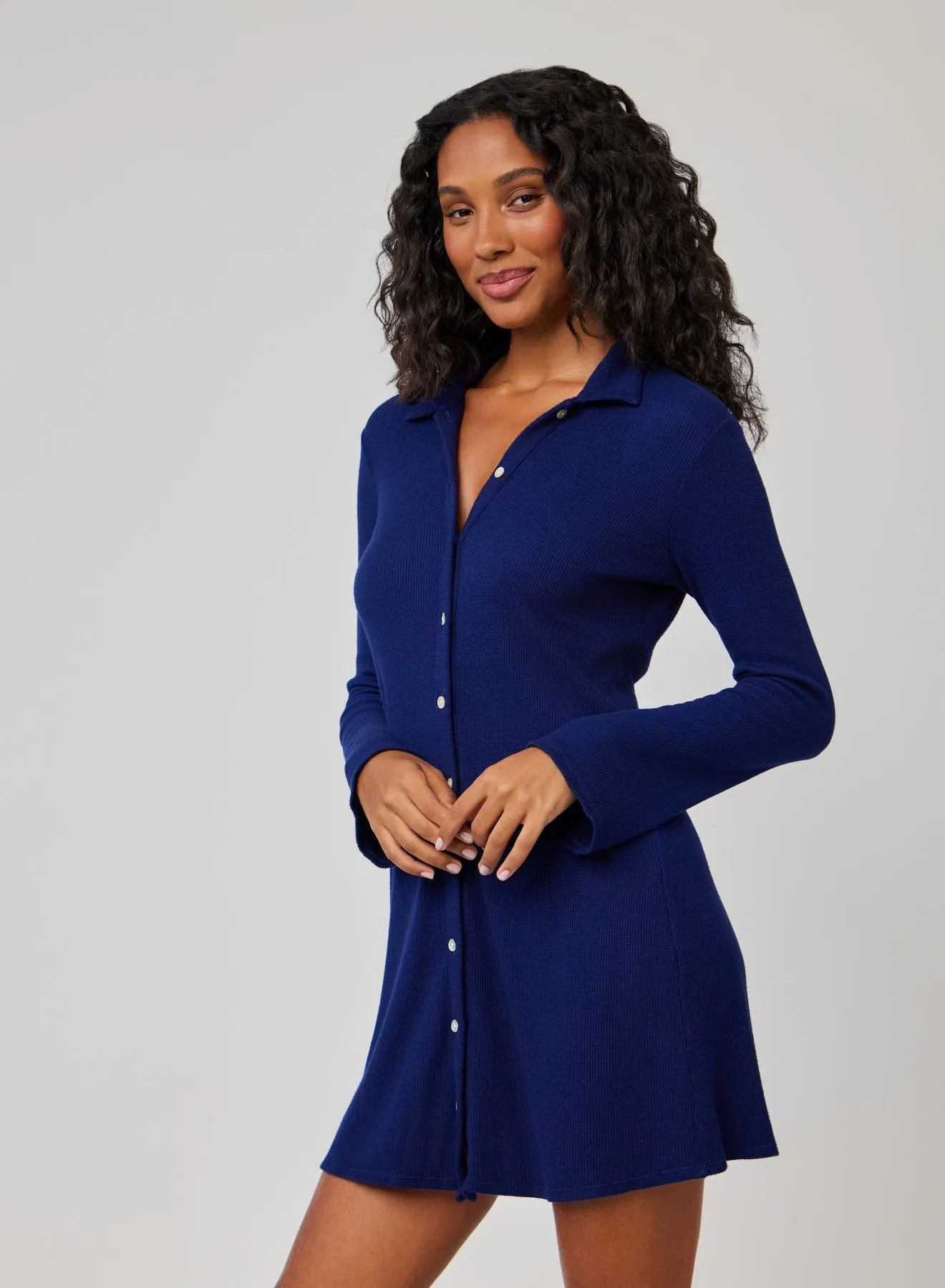 Bell Sleeve Mini Shirt Dress - Navy Coast-