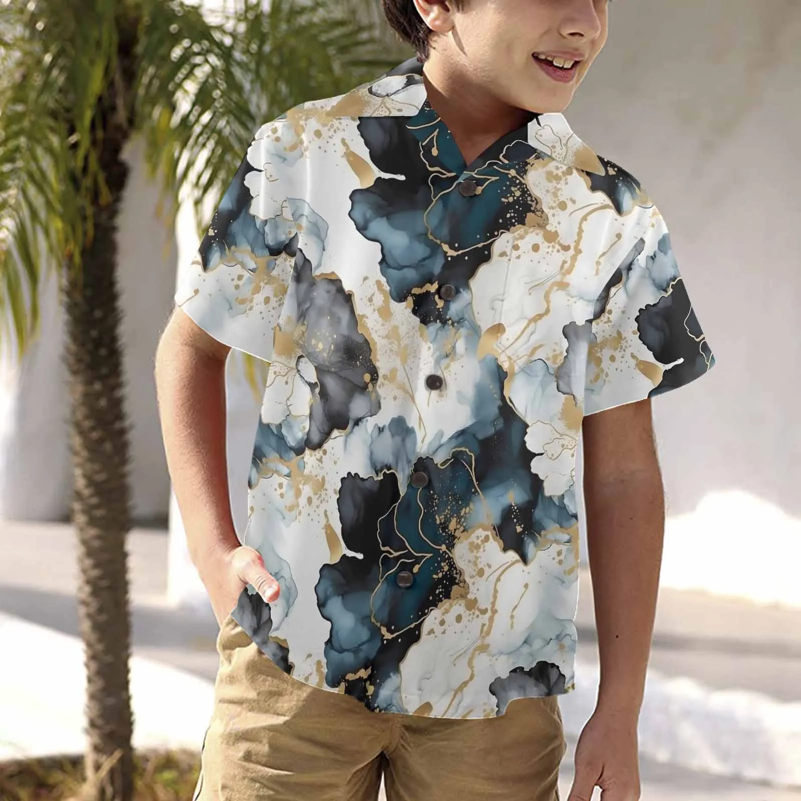 Black Ink Floral  Little Boys Hawaiian Shirt