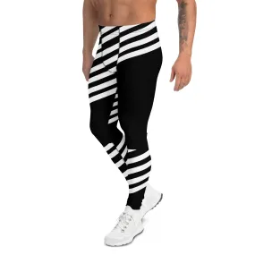 Black Striped Designer Meggings, Best Men's Leggings, Designer Minimalist Black White Modern Meggings-Made in USA/EU/MX