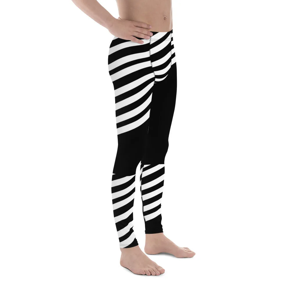 Black Striped Designer Meggings, Best Men's Leggings, Designer Minimalist Black White Modern Meggings-Made in USA/EU/MX