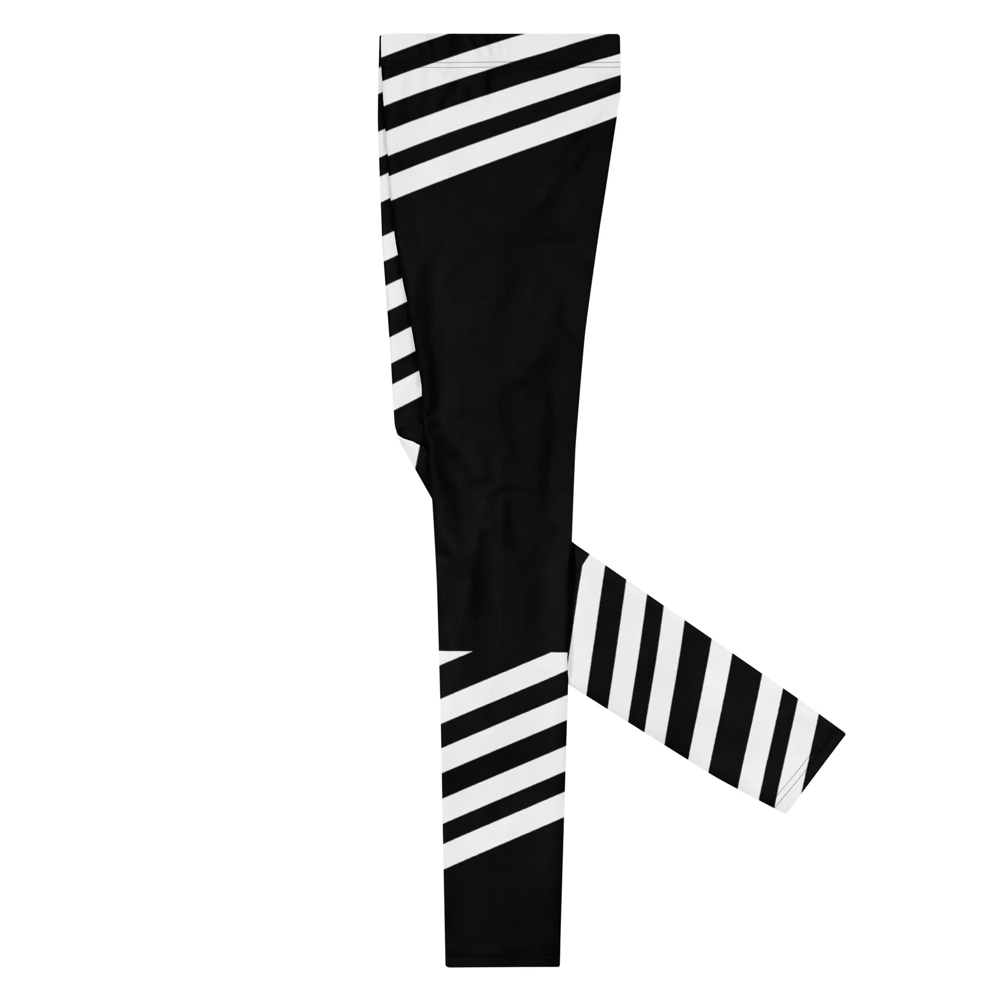 Black Striped Designer Meggings, Best Men's Leggings, Designer Minimalist Black White Modern Meggings-Made in USA/EU/MX