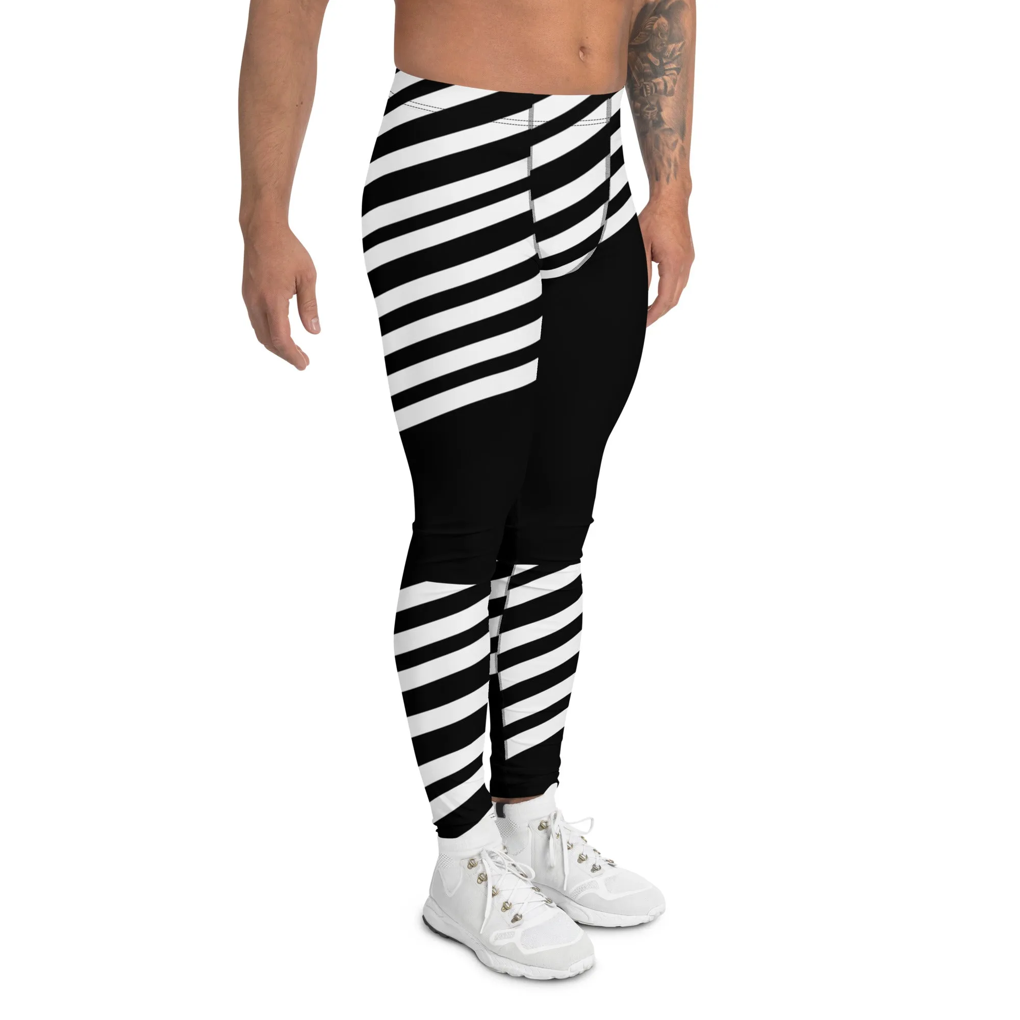 Black Striped Designer Meggings, Best Men's Leggings, Designer Minimalist Black White Modern Meggings-Made in USA/EU/MX