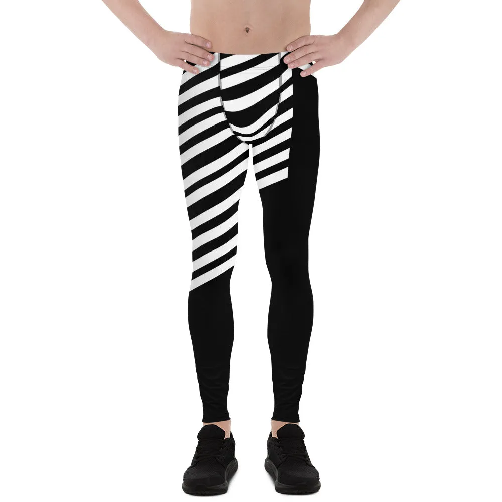 Black Striped Meggings, Designer Best Men's Leggings, Designer Minimalist Black White Modern Meggings-Made in USA/EU/MX