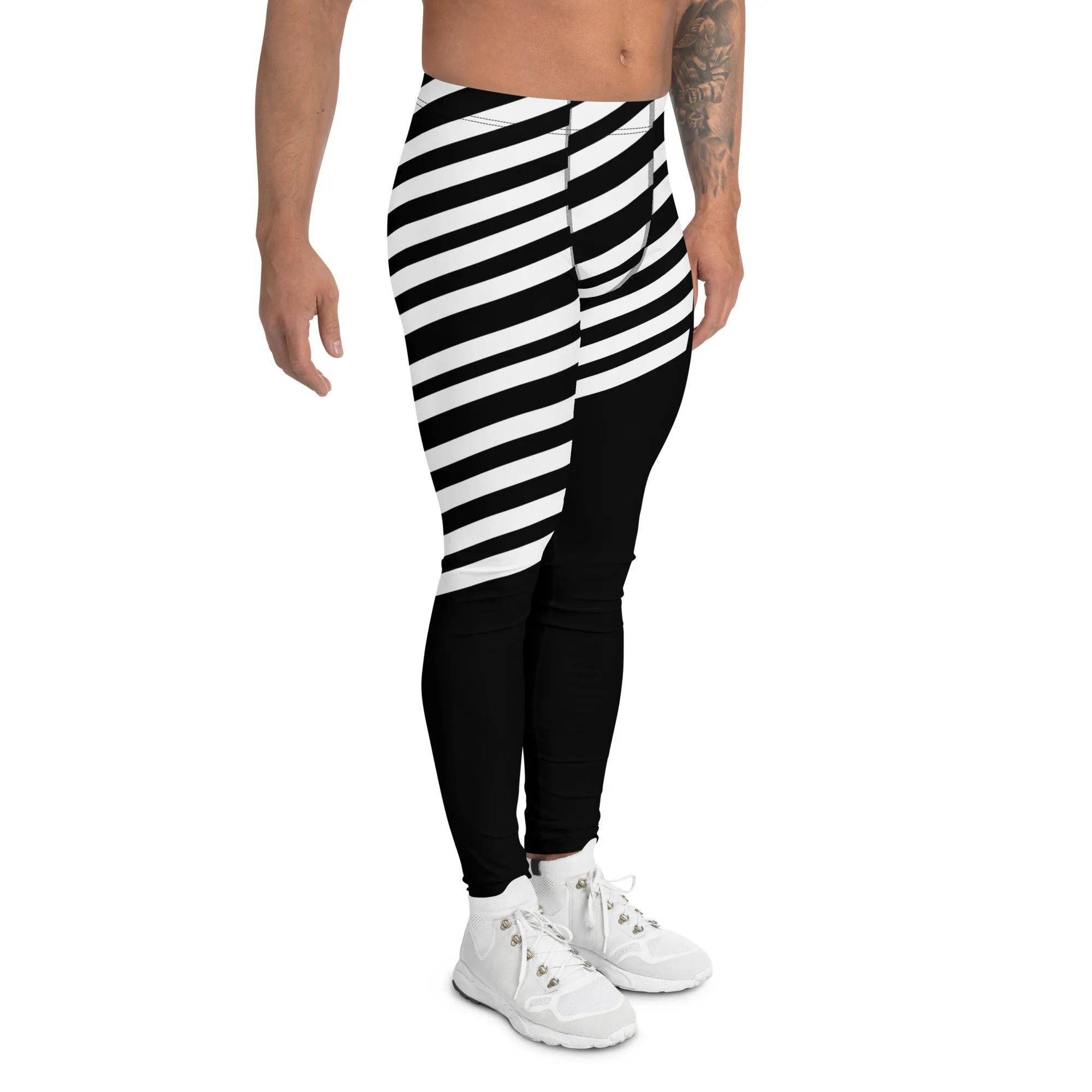 Black Striped Meggings, Designer Best Men's Leggings, Designer Minimalist Black White Modern Meggings-Made in USA/EU/MX