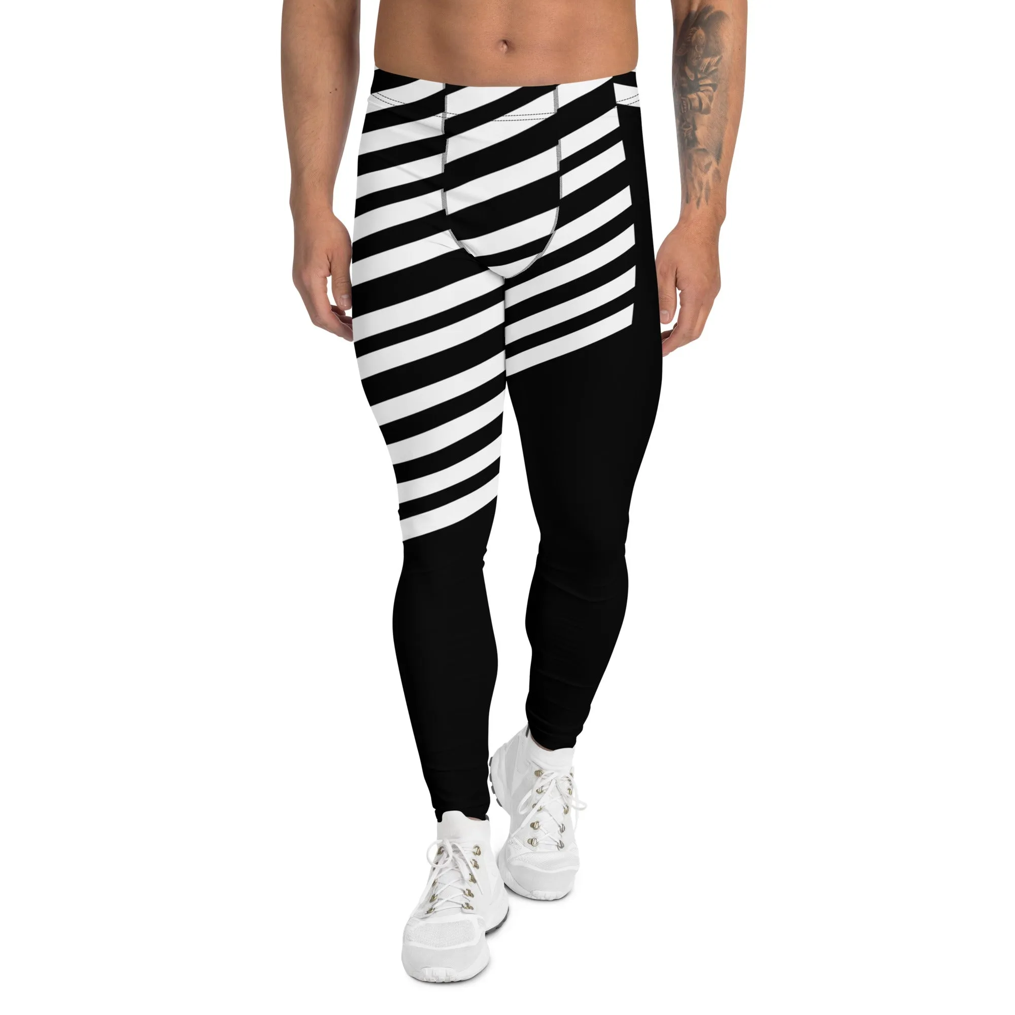 Black Striped Meggings, Designer Best Men's Leggings, Designer Minimalist Black White Modern Meggings-Made in USA/EU/MX