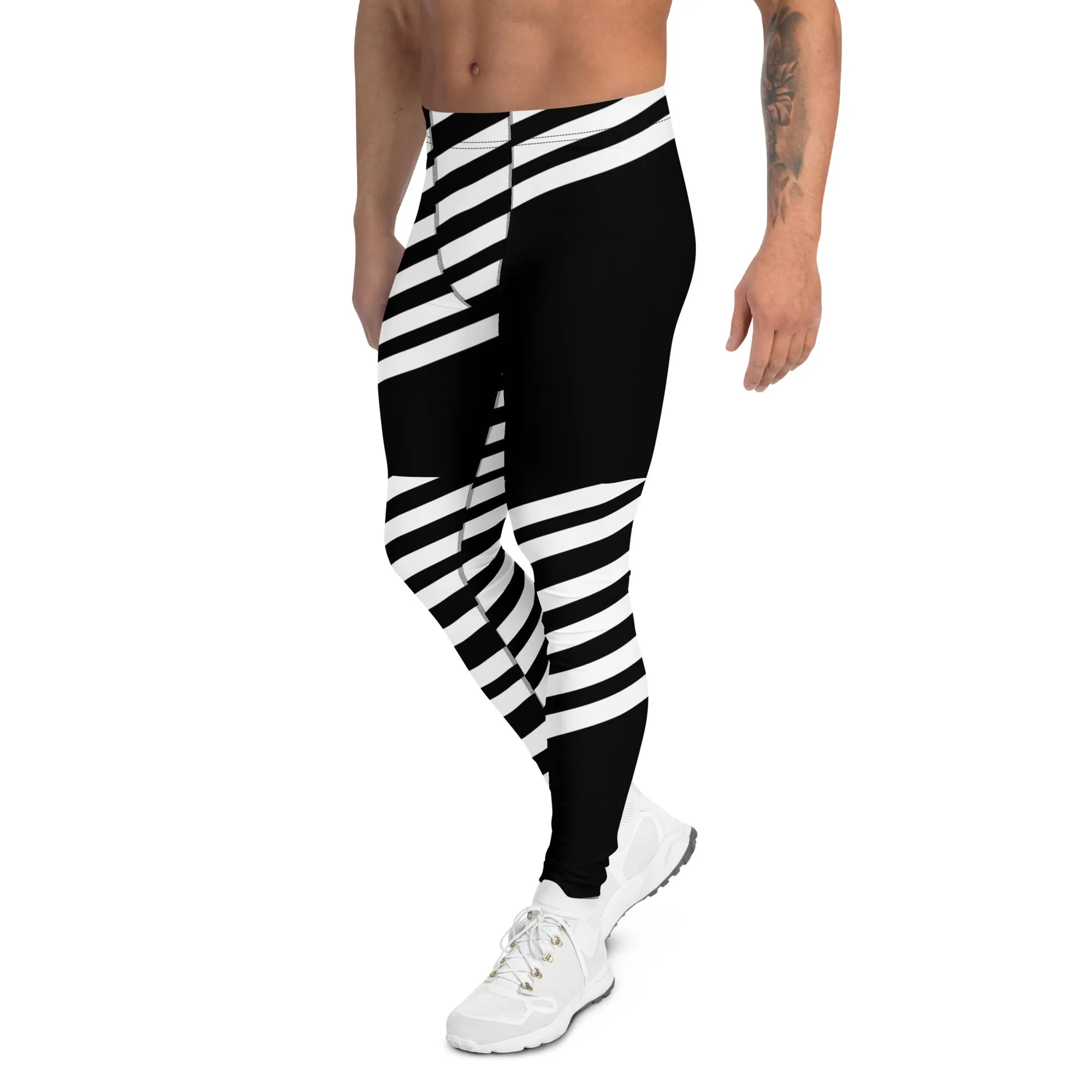 Black White Striped Meggings, Best Designer Men's Leggings, Designer Minimalist Black White Modern Meggings-Made in USA/EU/MX