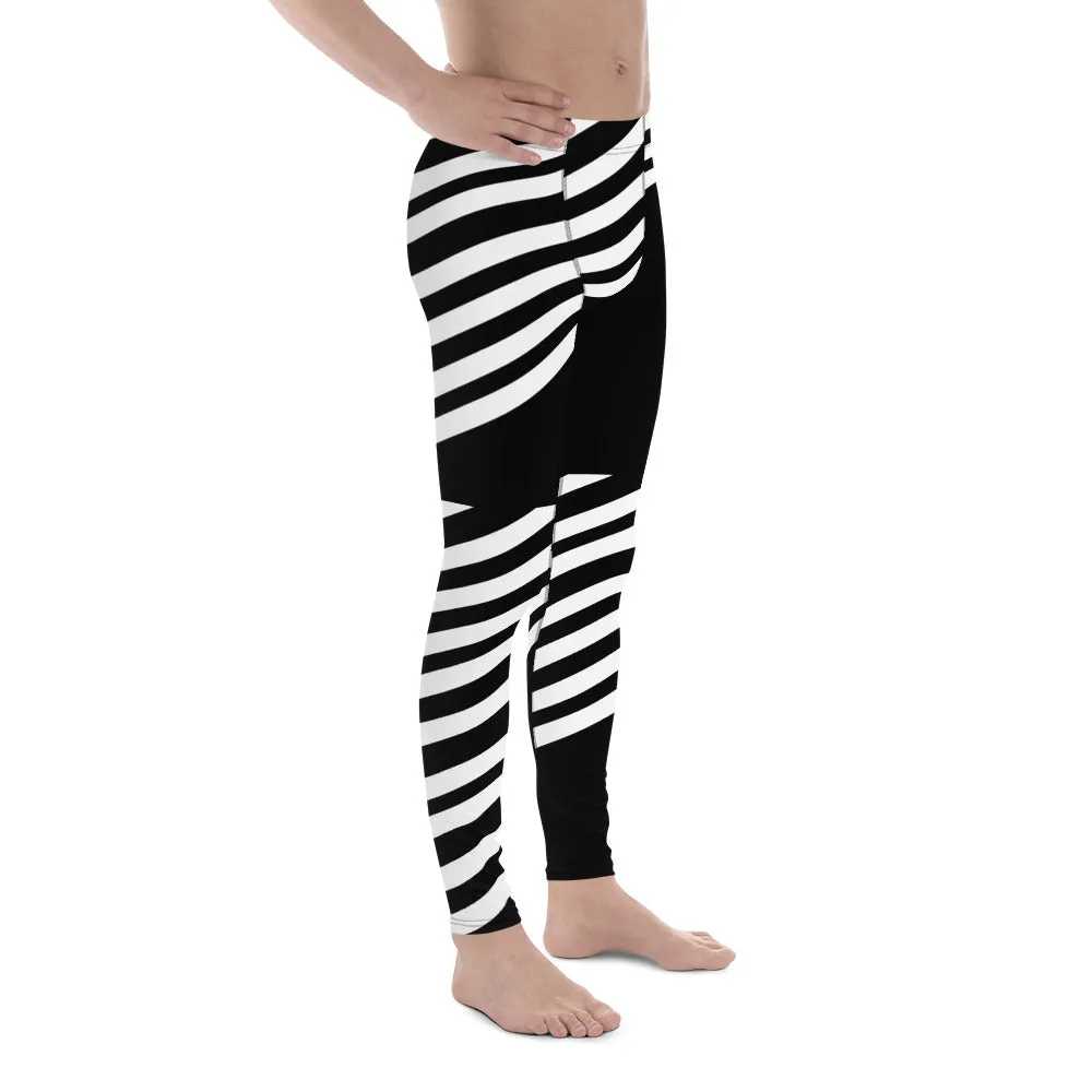 Black White Striped Meggings, Best Designer Men's Leggings, Designer Minimalist Black White Modern Meggings-Made in USA/EU/MX