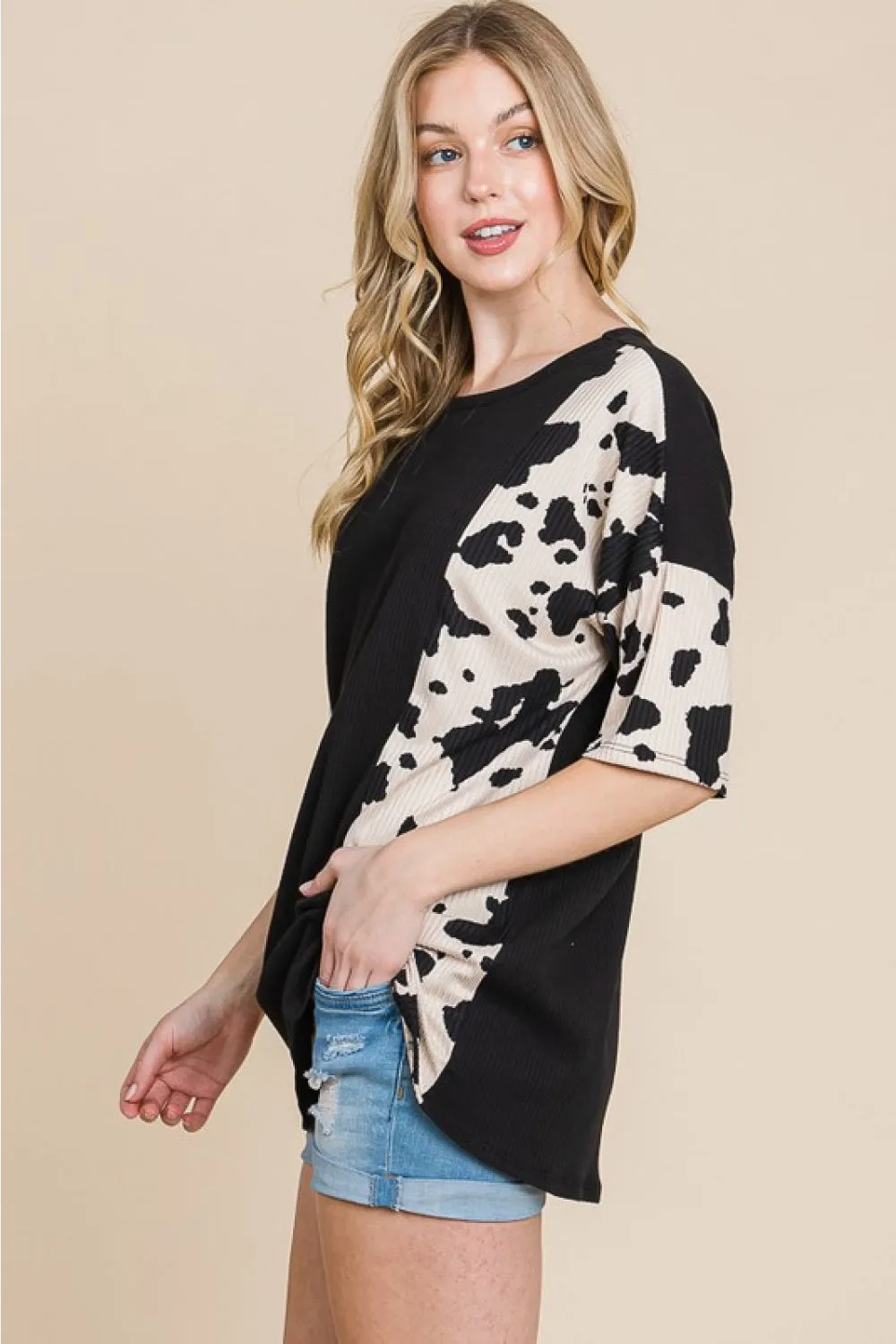 BOMBOM Rodeo Love Ribbed Animal Contrast Tee - Ships from The US