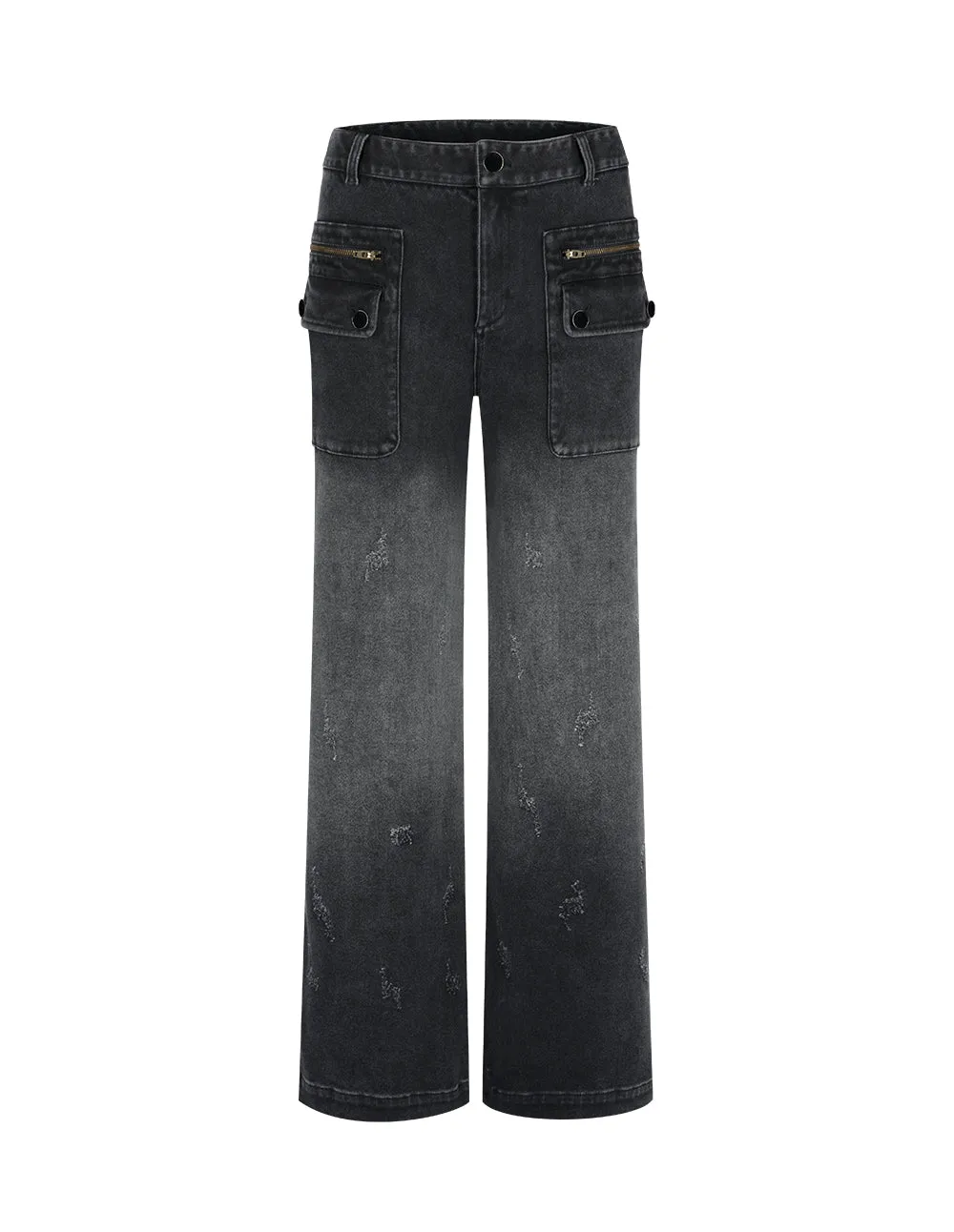 Bora Aksu All-Match Washed And Distressed Soot Slightly Elastic Wide-Leg Jeans