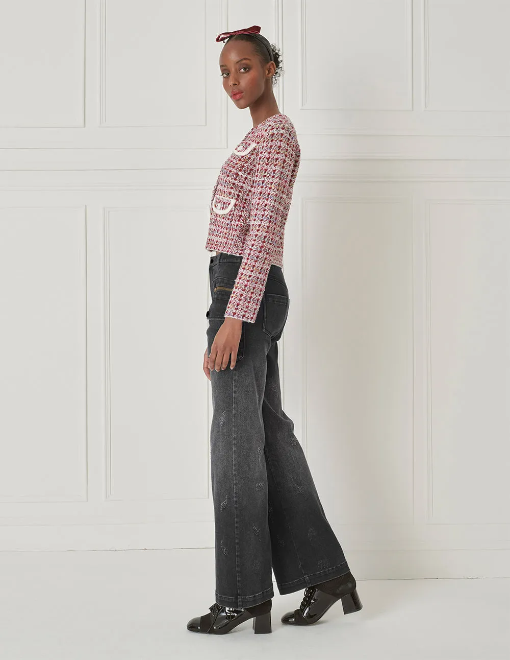 Bora Aksu All-Match Washed And Distressed Soot Slightly Elastic Wide-Leg Jeans