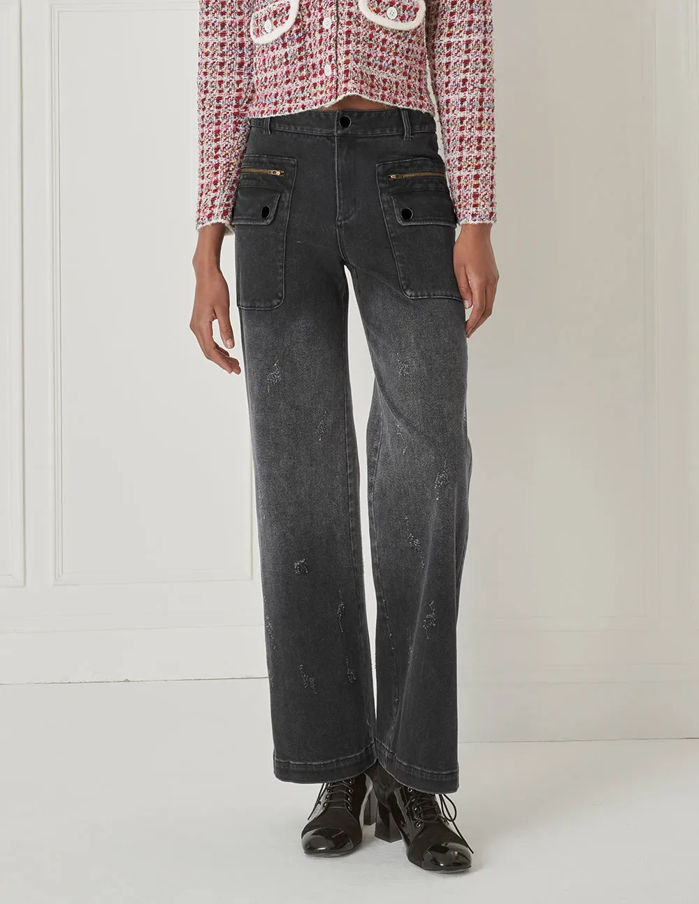 Bora Aksu All-Match Washed And Distressed Soot Slightly Elastic Wide-Leg Jeans