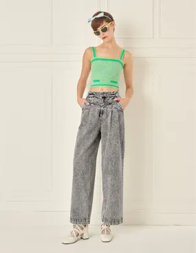 BORA AKSU Retro Floral Gray Washed Jeans Wide Leg Pants