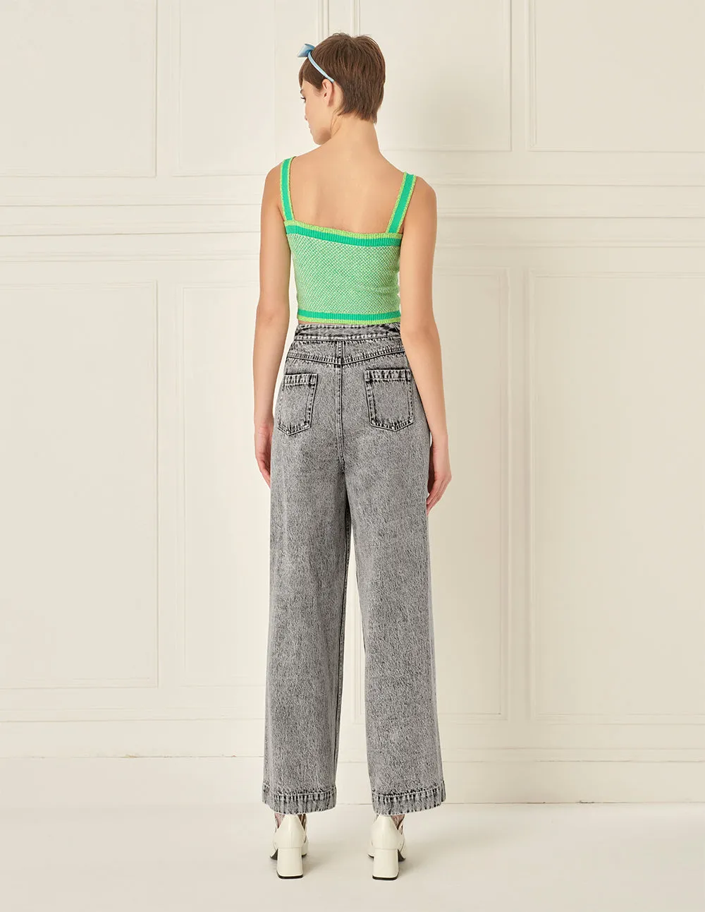 BORA AKSU Retro Floral Gray Washed Jeans Wide Leg Pants