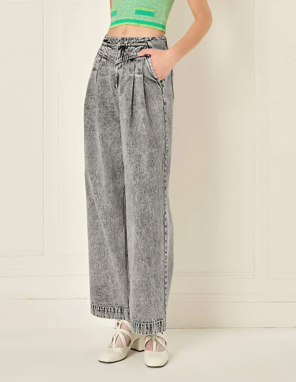 BORA AKSU Retro Floral Gray Washed Jeans Wide Leg Pants