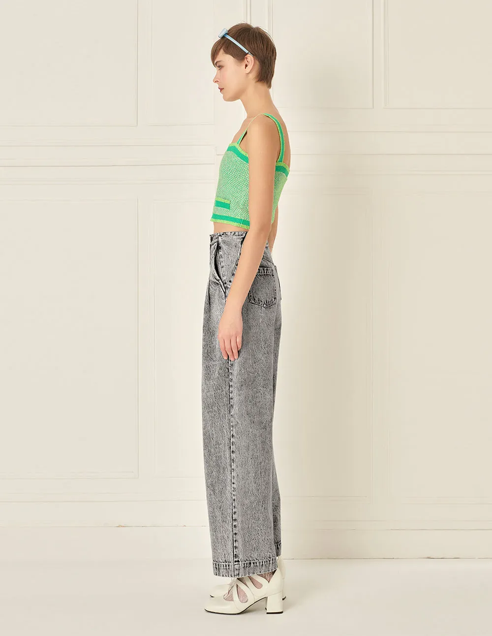 BORA AKSU Retro Floral Gray Washed Jeans Wide Leg Pants