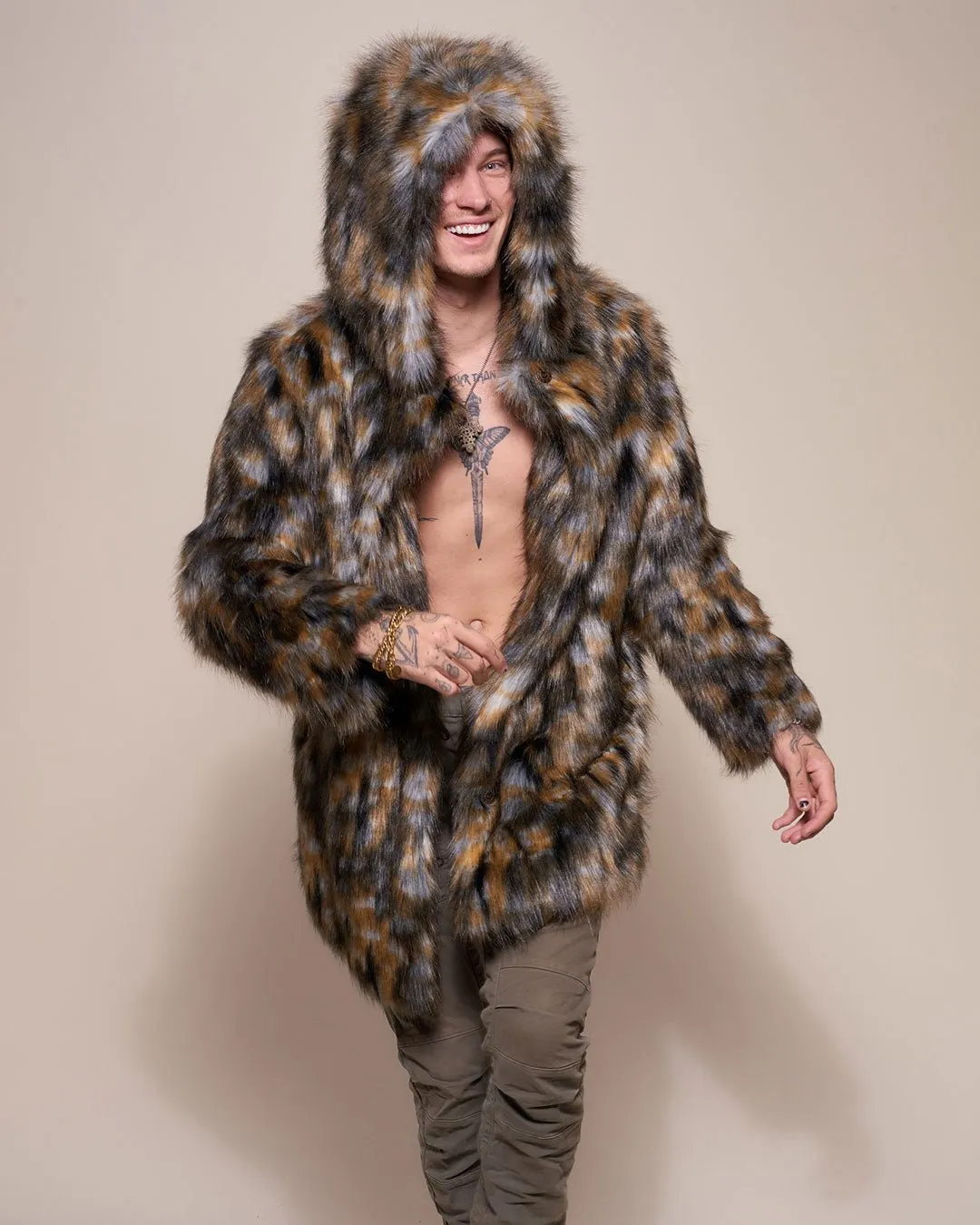 Brindle Wolf Hooded Faux Fur Coat | Men's