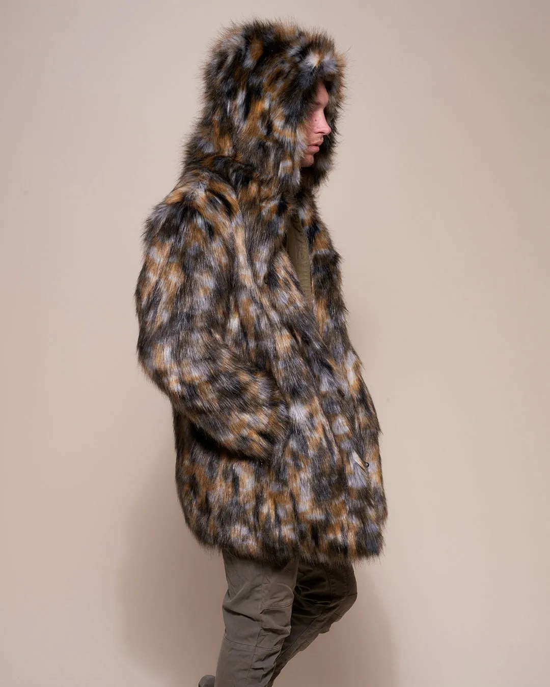 Brindle Wolf Hooded Faux Fur Coat | Men's