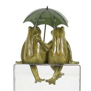 Bronze Resin Frog Sitting Sculpture with Umbrella  - 8" X 6" X 11"