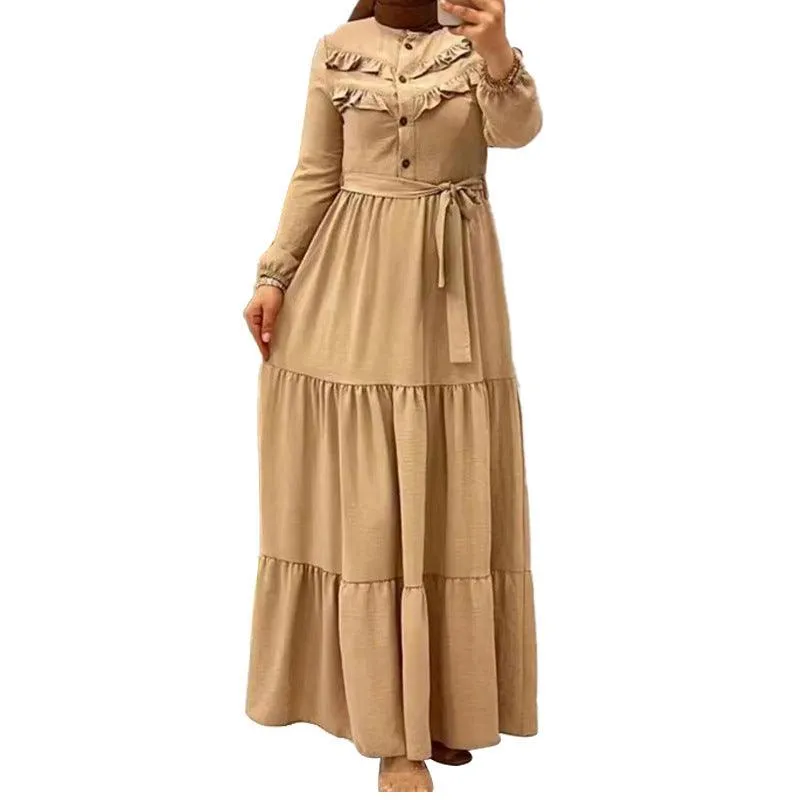 Chic Solid Colour Pleated outfit with Belt for muslim Women