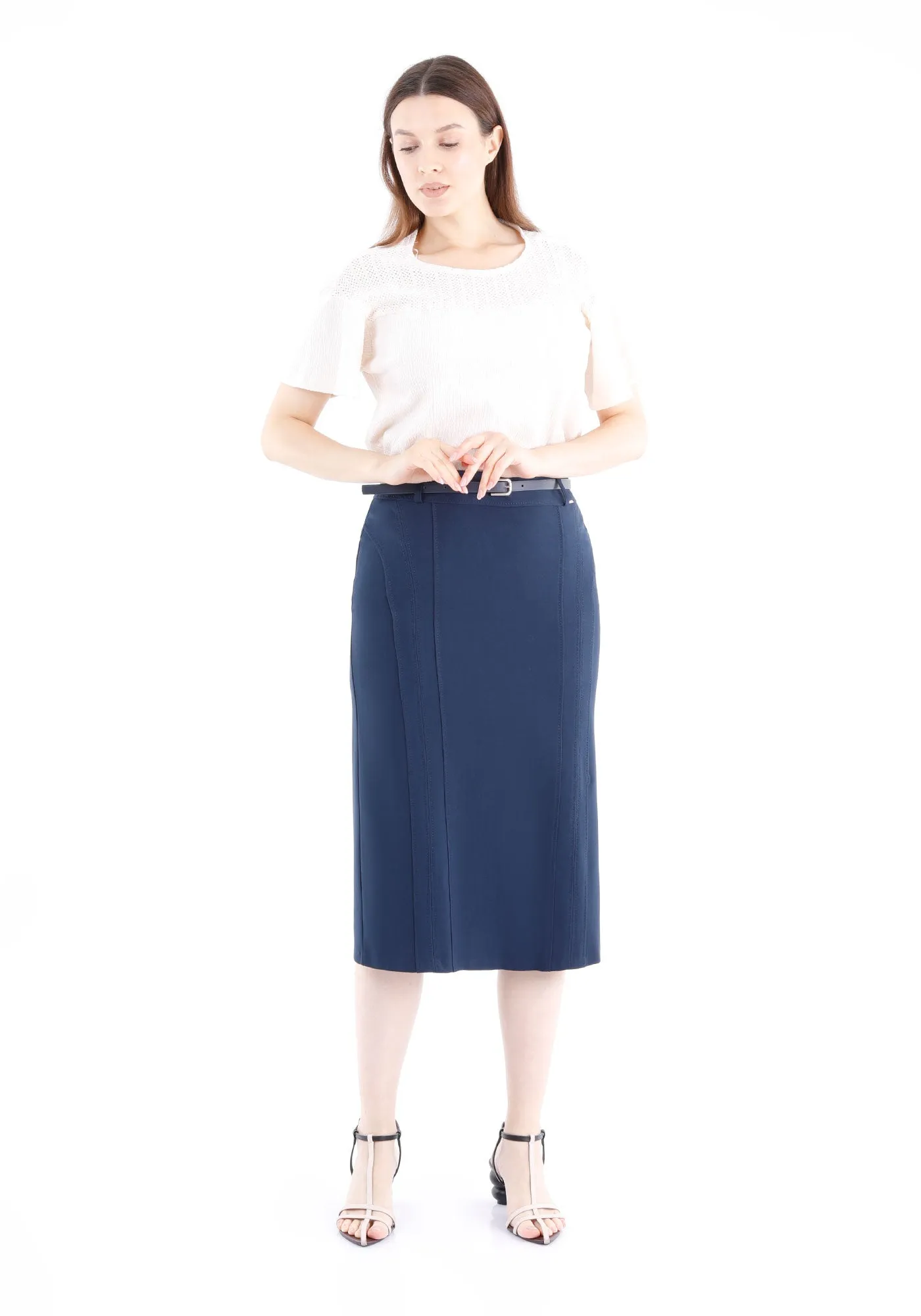 Classic High Waisted Midi Pencil Skirt with Belt