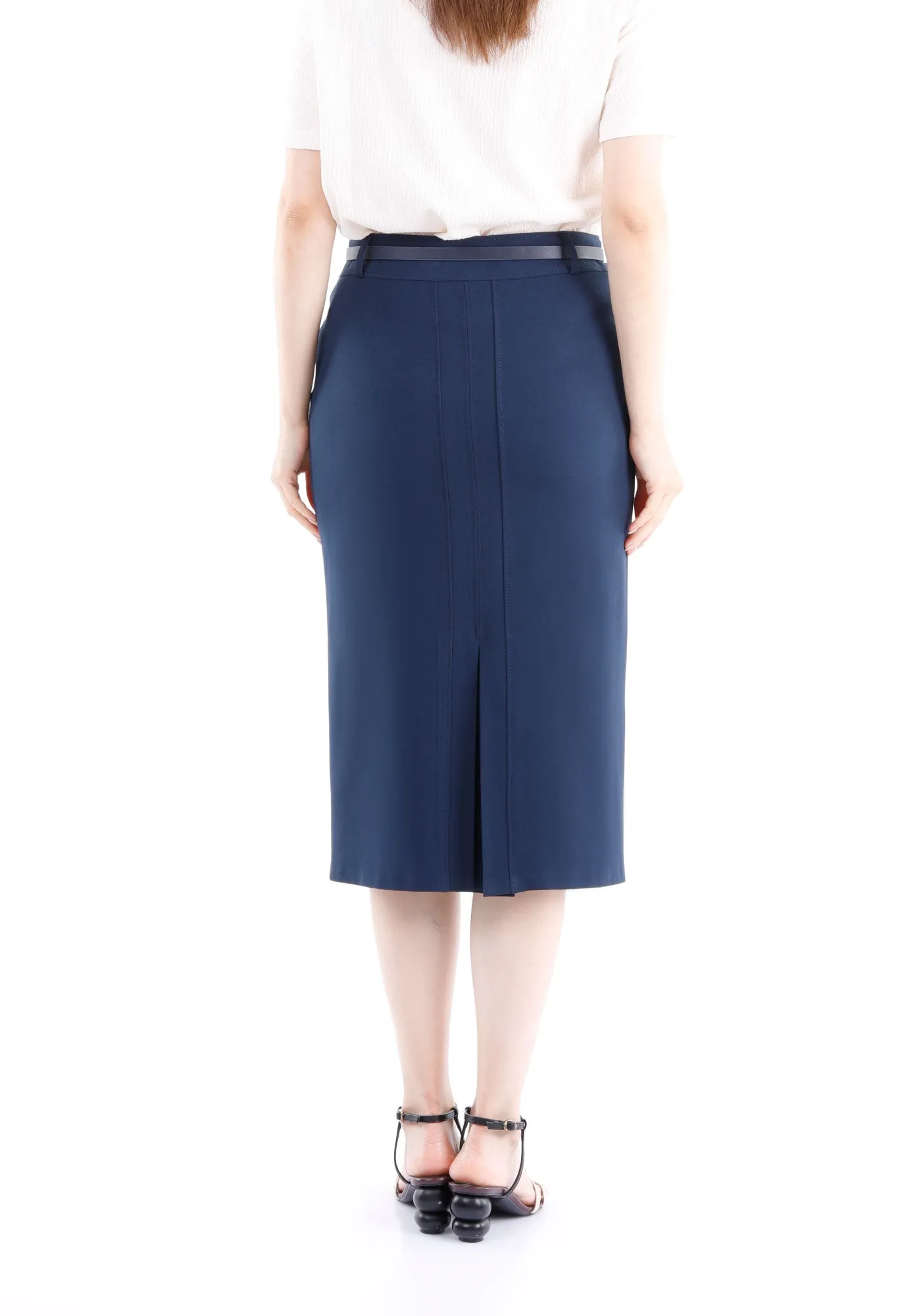 Classic High Waisted Midi Pencil Skirt with Belt