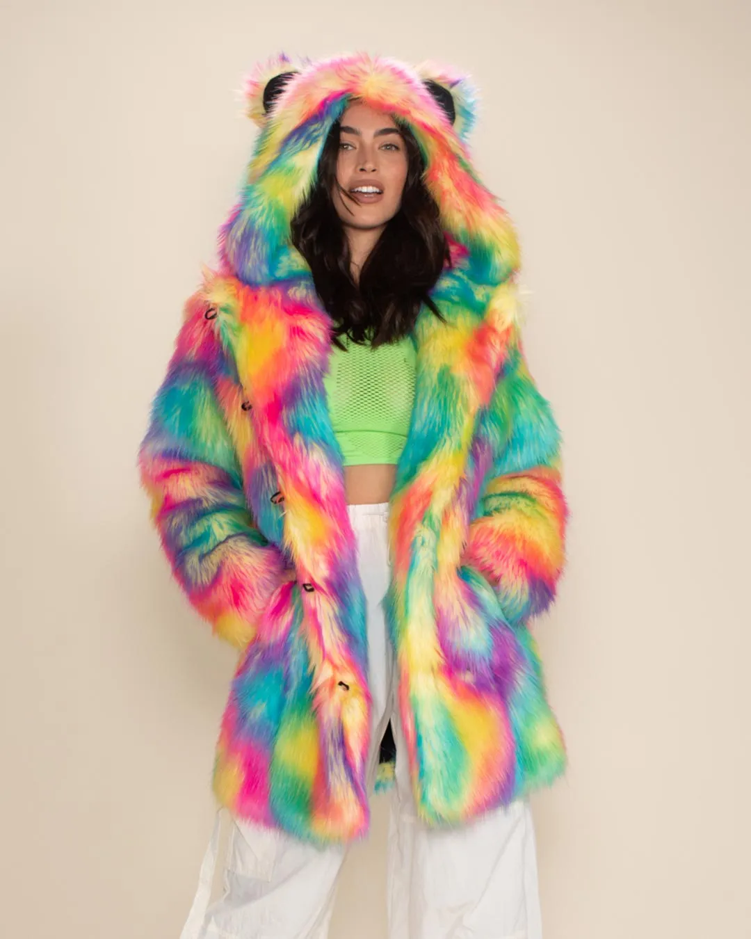 Classic Women's Faux Fur Coat | Rainbow Bear