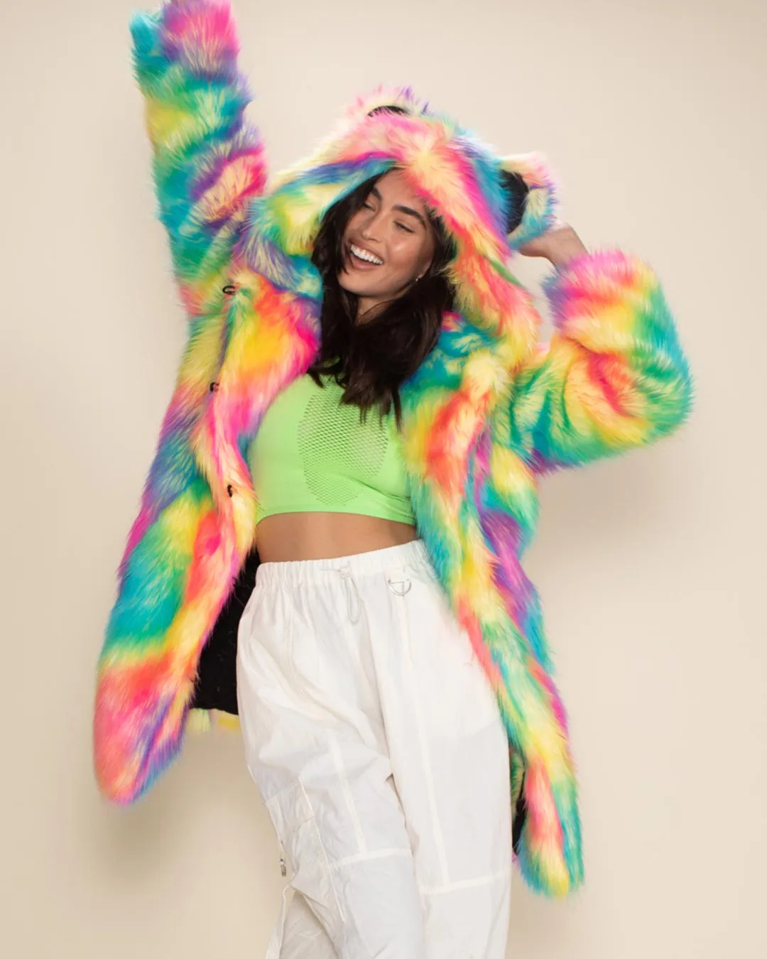 Classic Women's Faux Fur Coat | Rainbow Bear