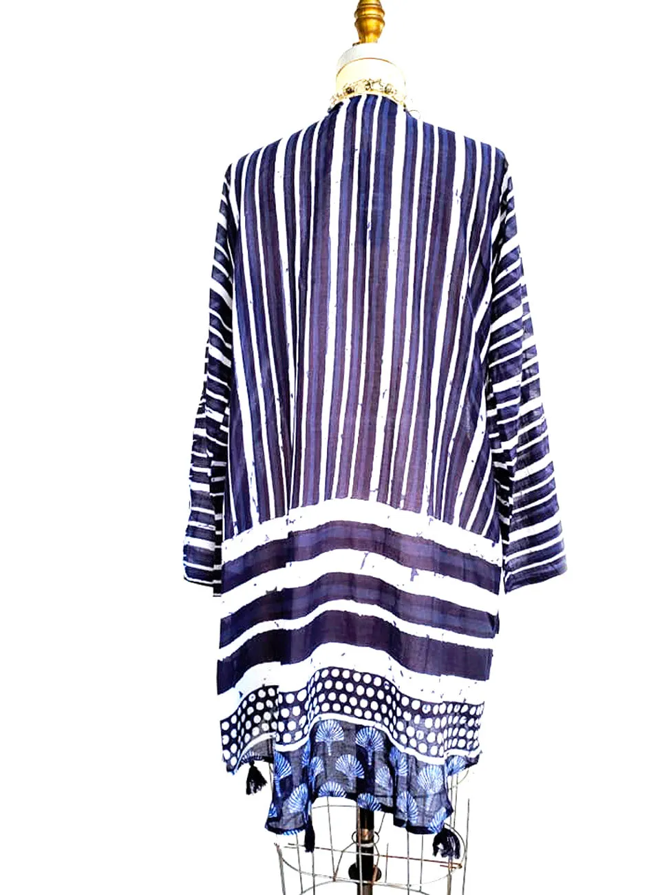 Cotton Kimono Caftan Shells and Stripes with Tassels