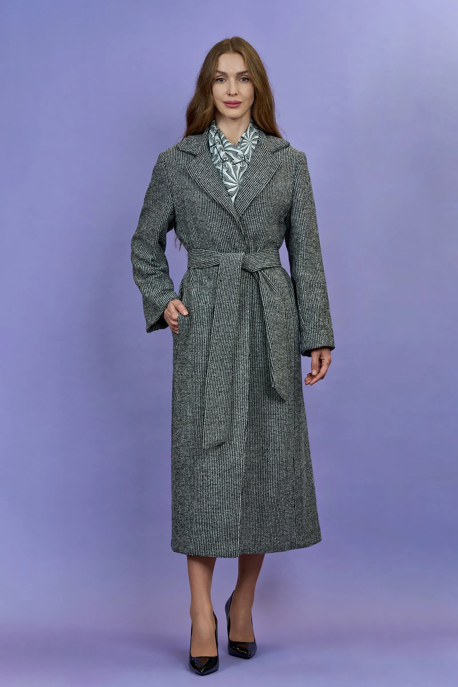 COUTURE LUREX Tweed Black Grey Belted Long Tailored Coat