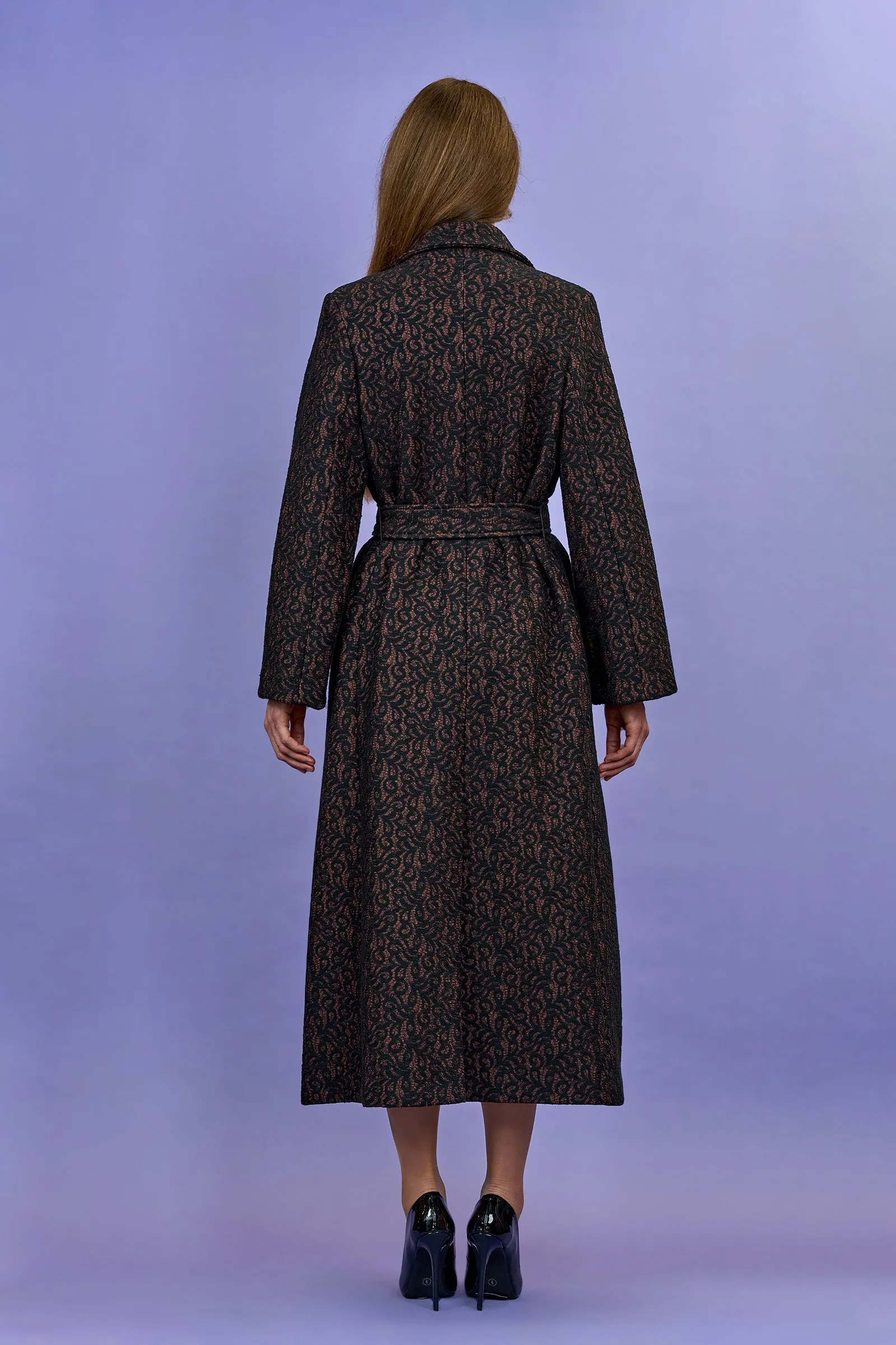 COUTURE VENICE LACE Black Mauve Belted Long Coat