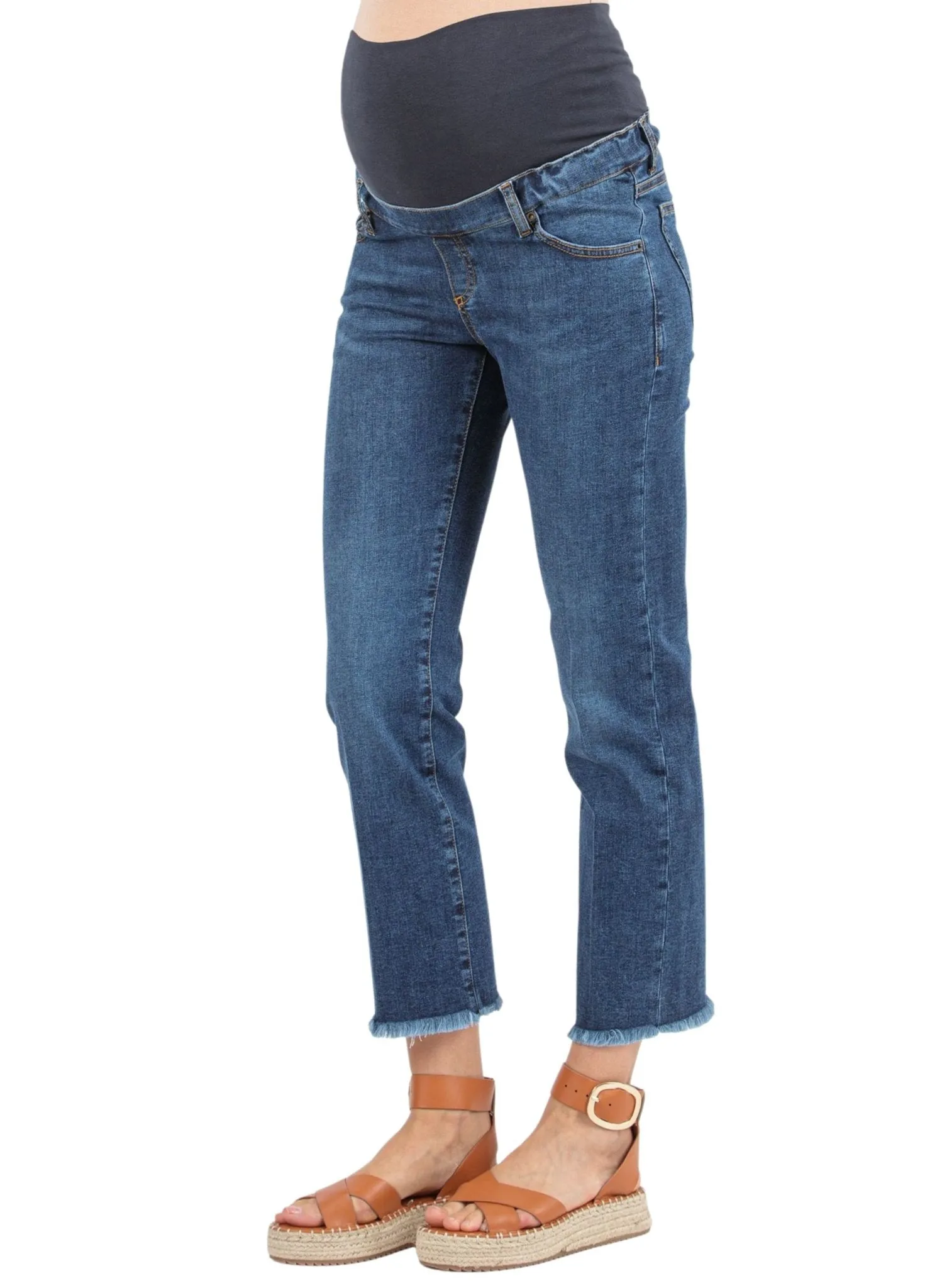 Cropped Straight Maternity Jeans with Fringed Hem - Dark Wash