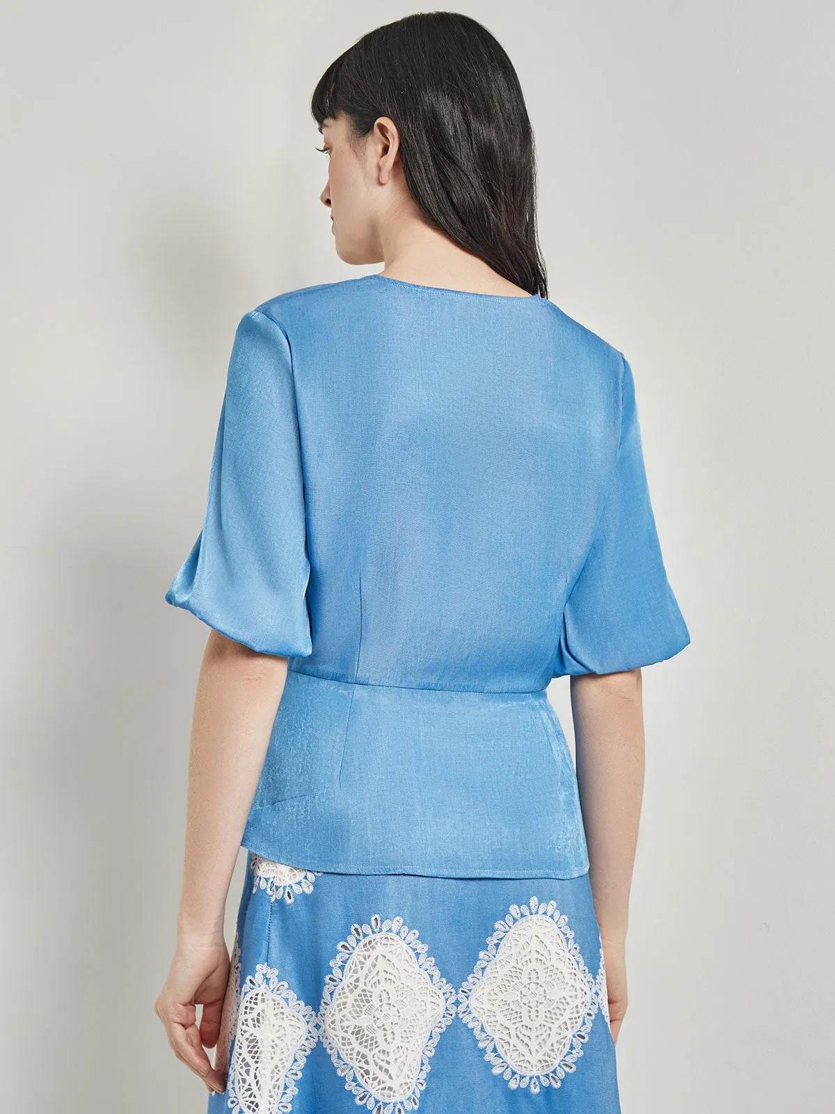 Crossover Peplum Blouse - Puff Sleeve Woven