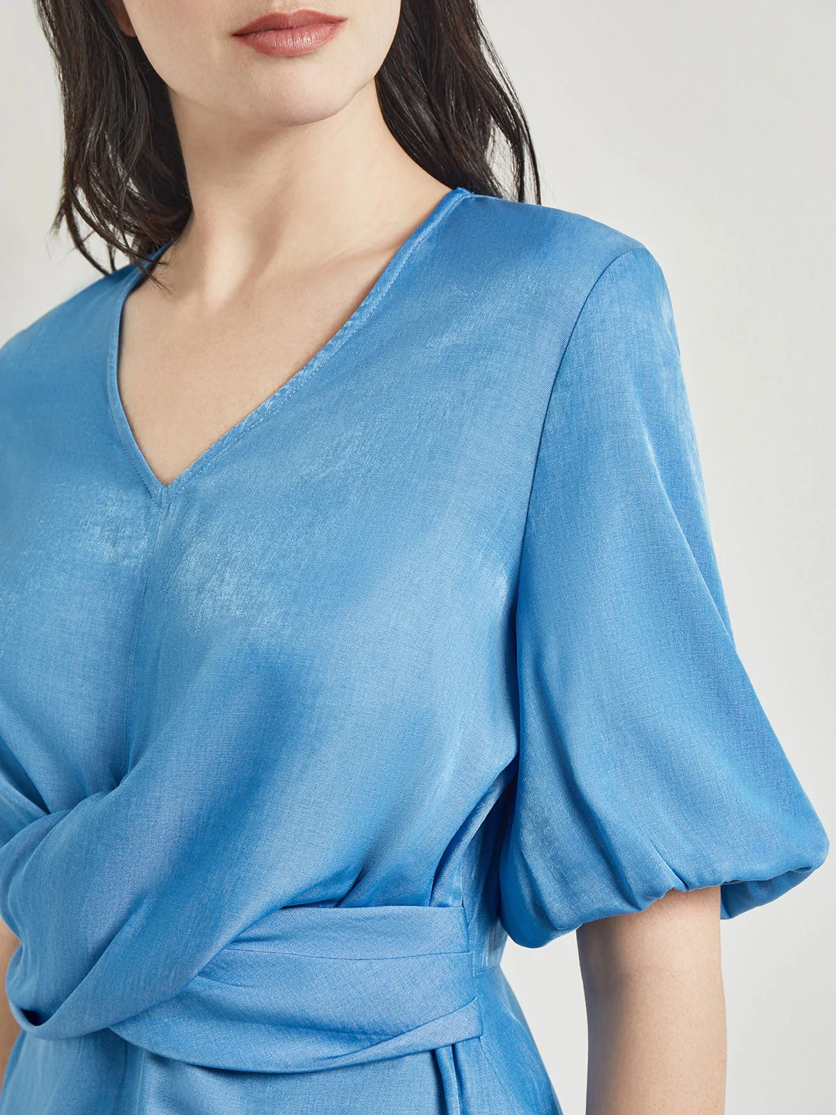 Crossover Peplum Blouse - Puff Sleeve Woven