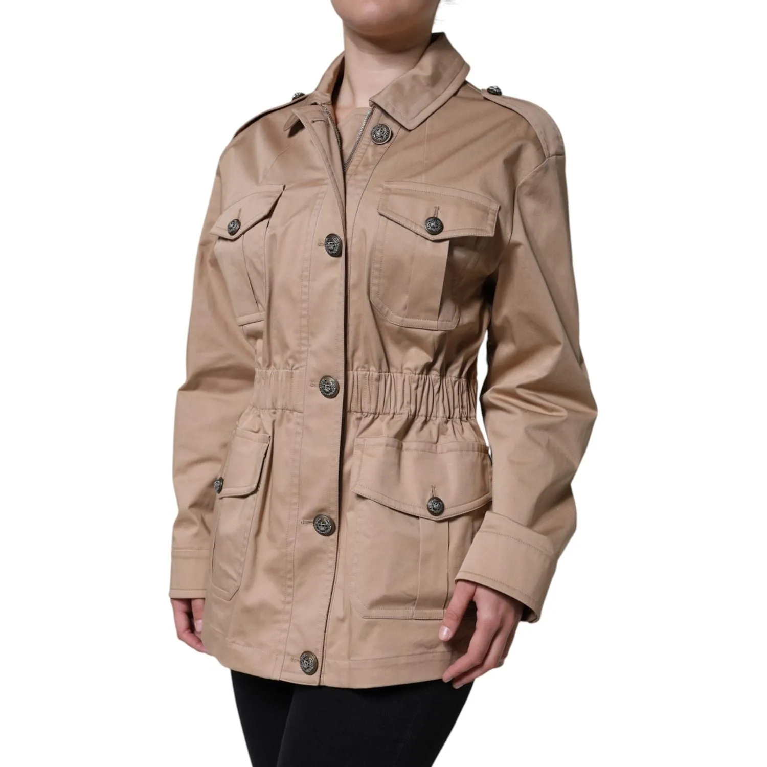 Dolce & Gabbana Beige Cotton Long Sleeve Collared Coat Jacket