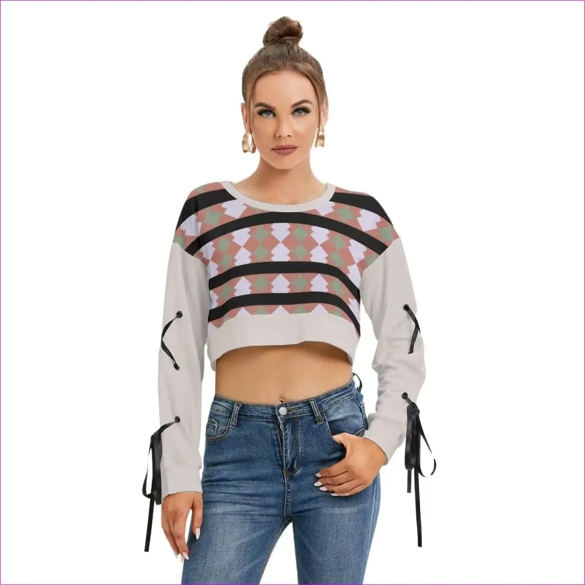 Eclectic 2 Womens Long Sleeve Cropped Sweatshirt With Lace up Sleeves