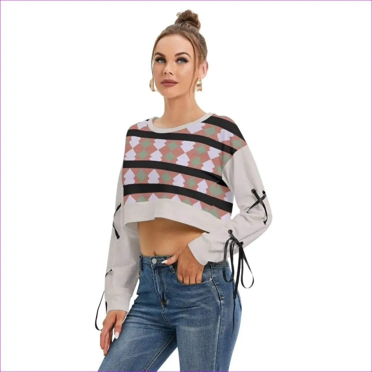 Eclectic 2 Womens Long Sleeve Cropped Sweatshirt With Lace up Sleeves