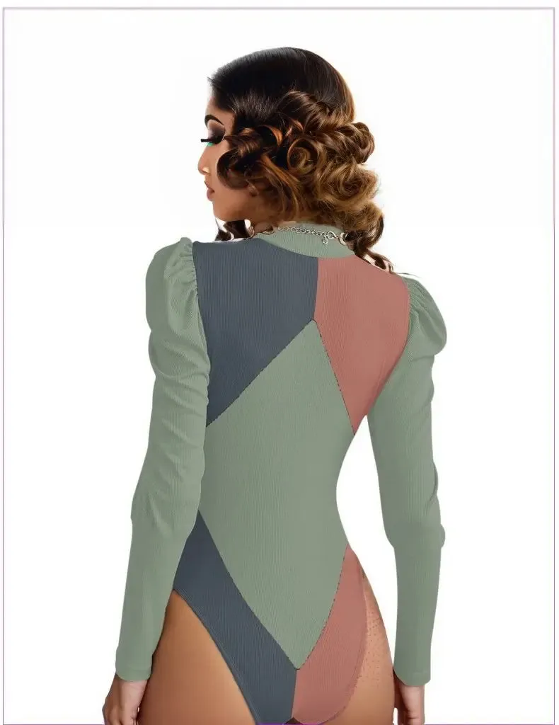 Eclectic Womens Turtleneck Bodysuit With Puff Sleeve