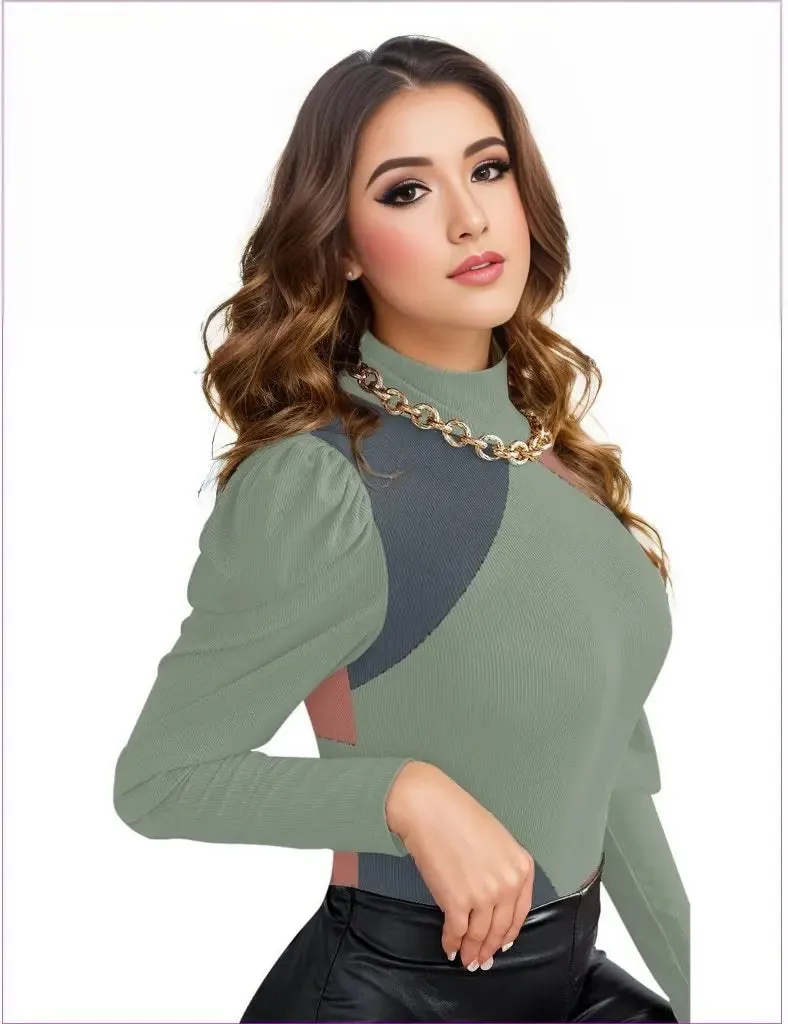 Eclectic Womens Turtleneck Bodysuit With Puff Sleeve