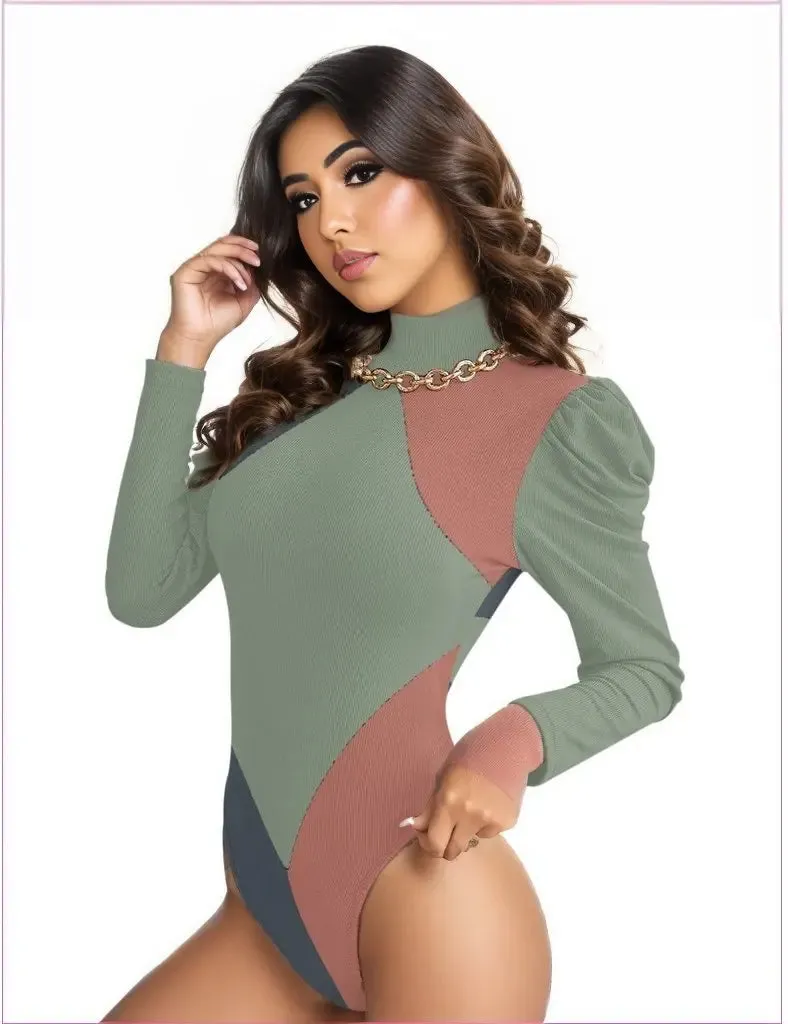 Eclectic Womens Turtleneck Bodysuit With Puff Sleeve