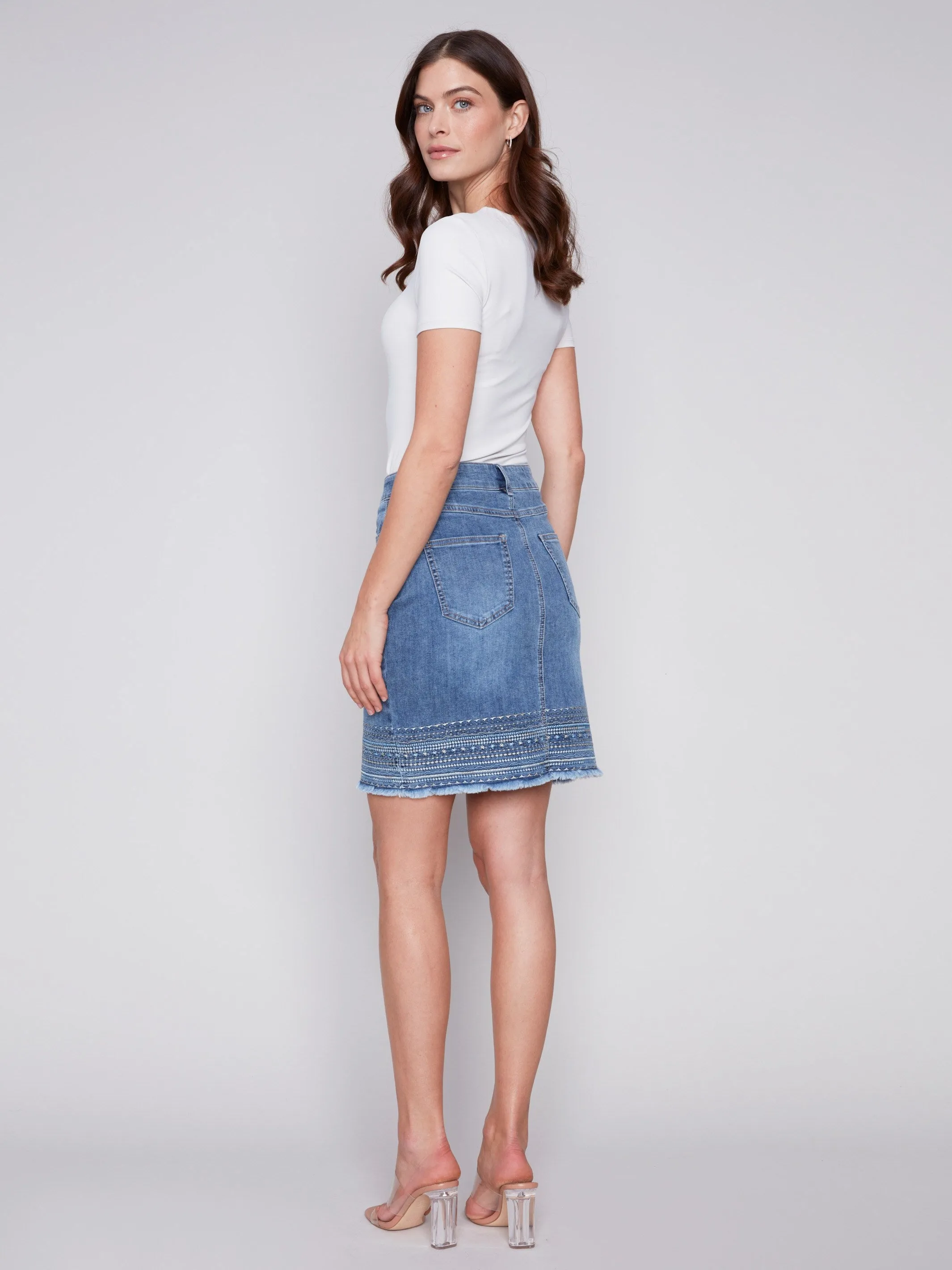 Embroidered Hem Denim Skort - Medium Blue