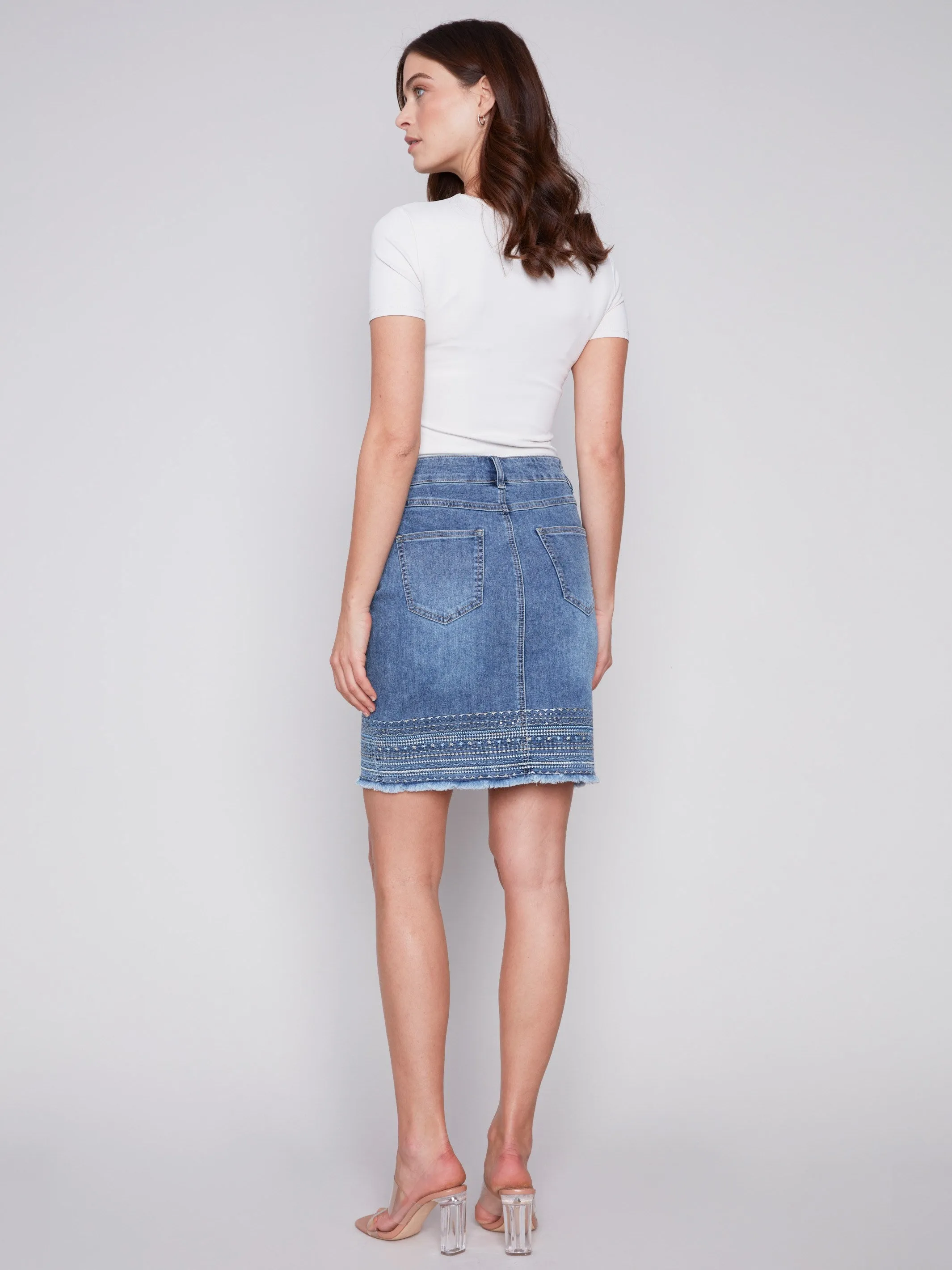 Embroidered Hem Denim Skort - Medium Blue