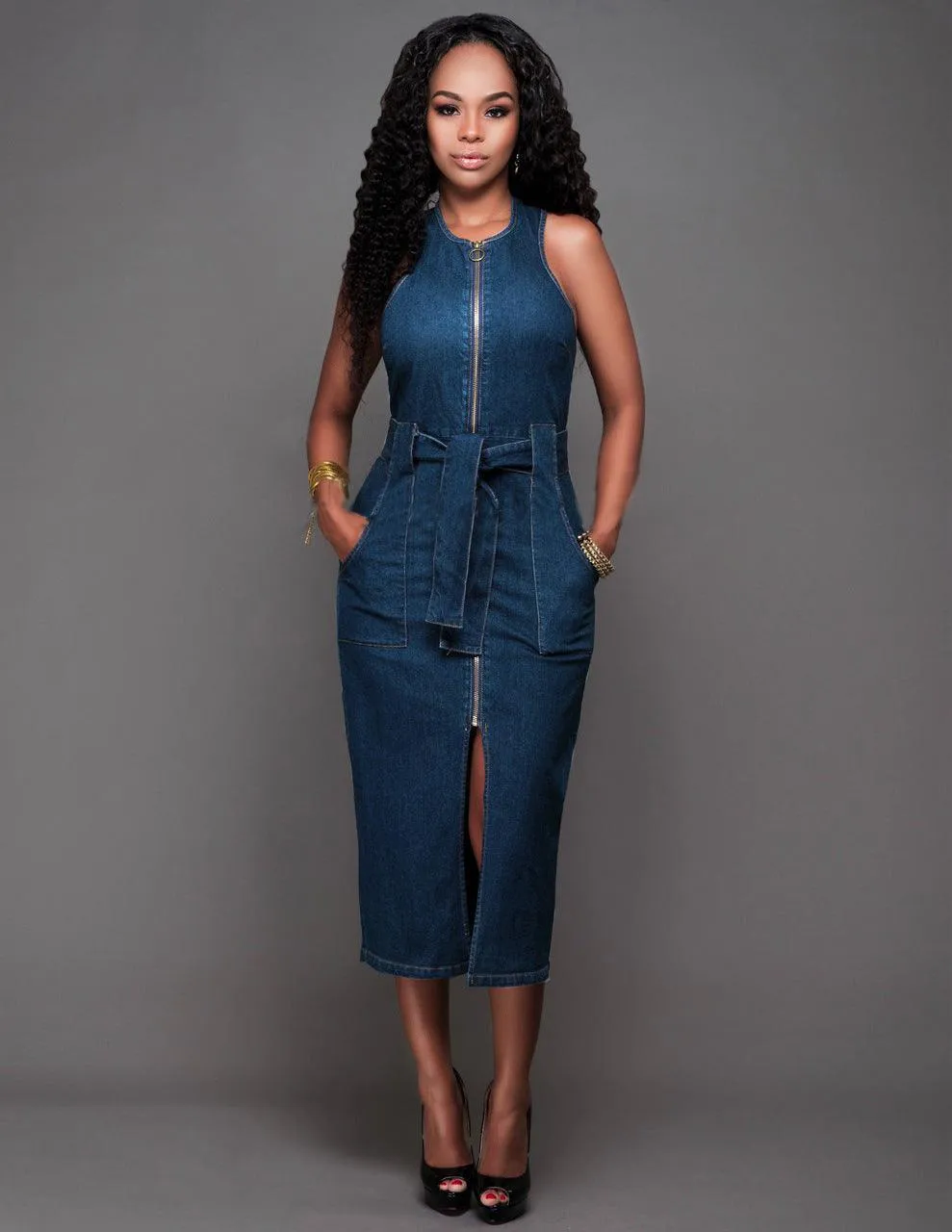 Fashion Sleeveless Denim Slim Dress Midi Skirt