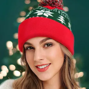 Festival Christmas Color Panel Fold Over Snowflake Pom Pom Knit Beanie