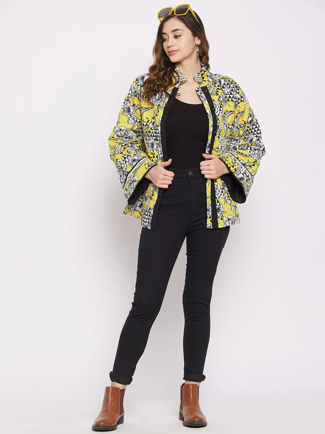 Geometric Floral Mustard Patterned Quilted Crop Jacket