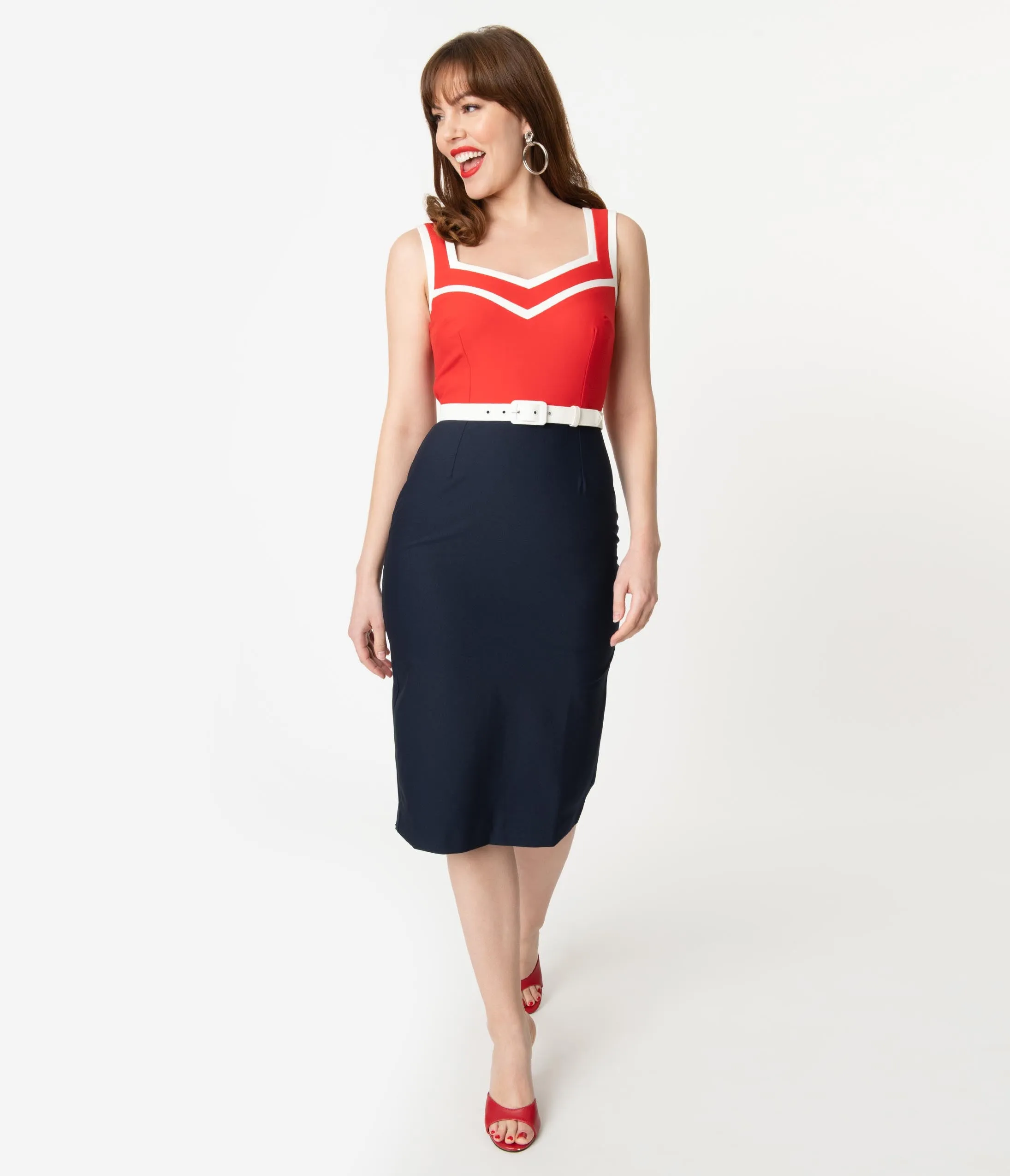 Glamour Bunny 1950s Red & Navy Barbara Pencil Dress