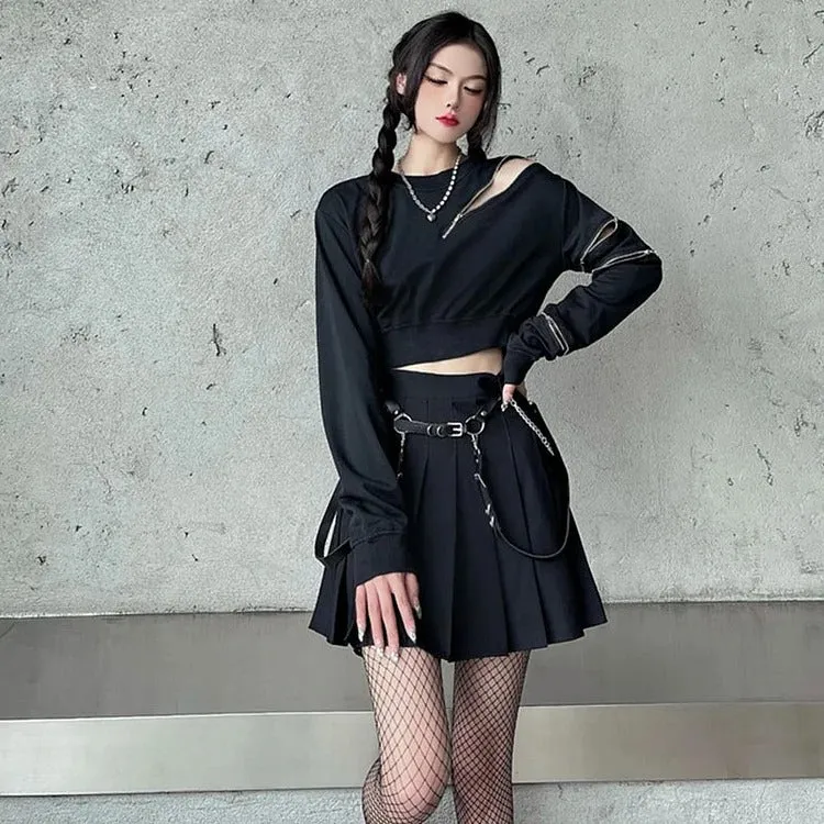 Gothic Zipper Crop Sweatshirt and Pleated Skirt Set - Street Fashion